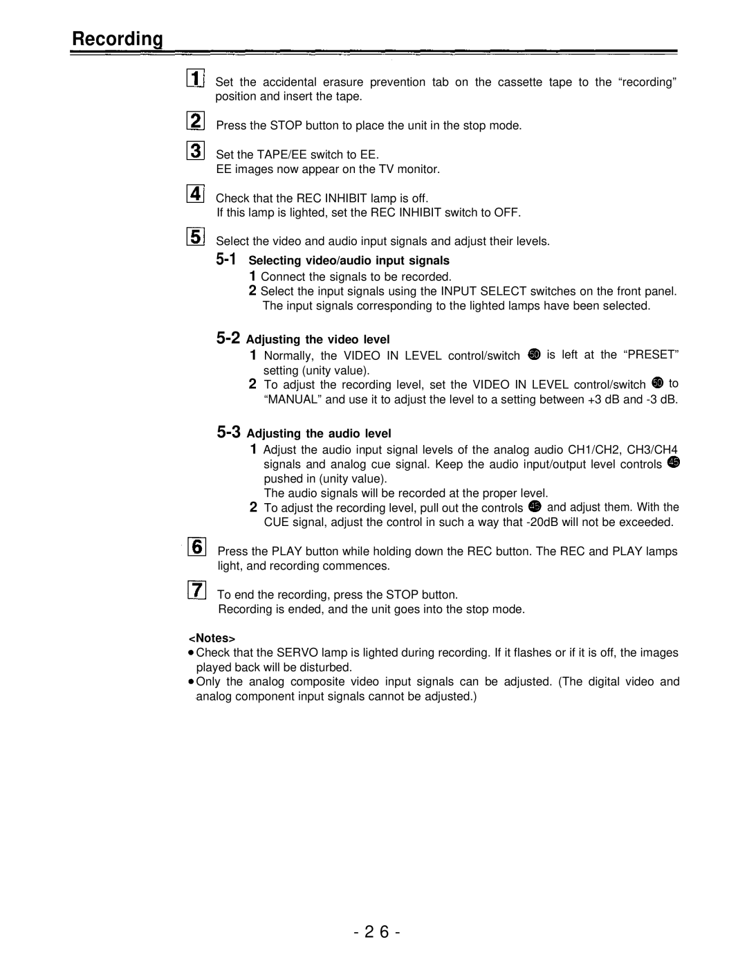 Panasonic AJ-D950 Recording, 1Selecting video/audio input signals, Adjusting the video level, 3Adjusting the audio level 