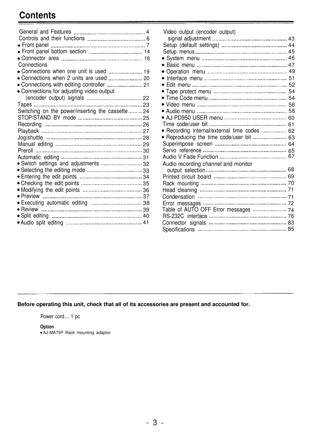 Panasonic AJ-PD950, AJ-D950 manual Contents 