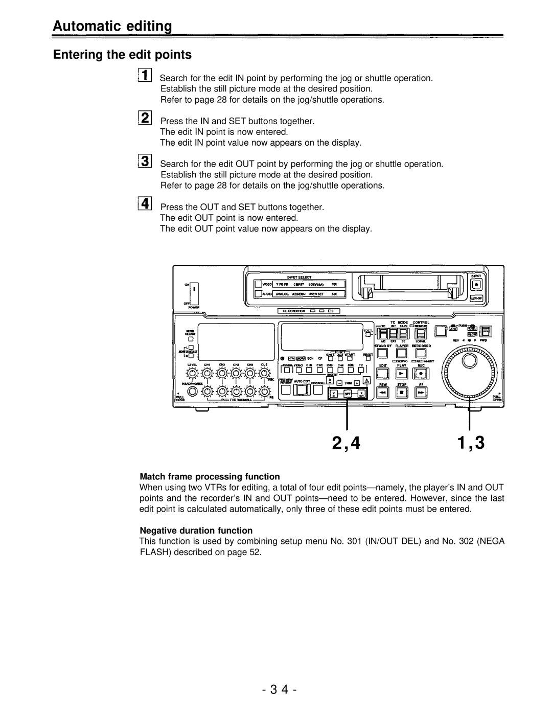 Panasonic AJ-D950, AJ-PD950 manual Entering the edit points, Match frame processing function, Negative duration function 