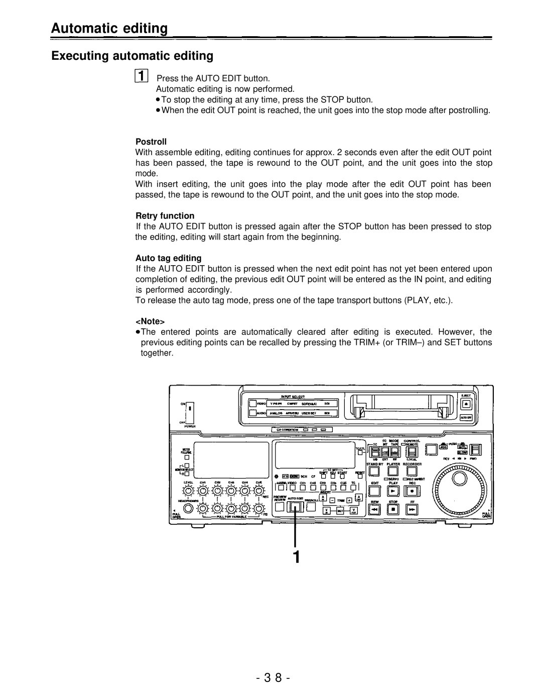 Panasonic AJ-D950, AJ-PD950 manual Executing automatic editing, Postroll, Retry function, Auto tag editing 