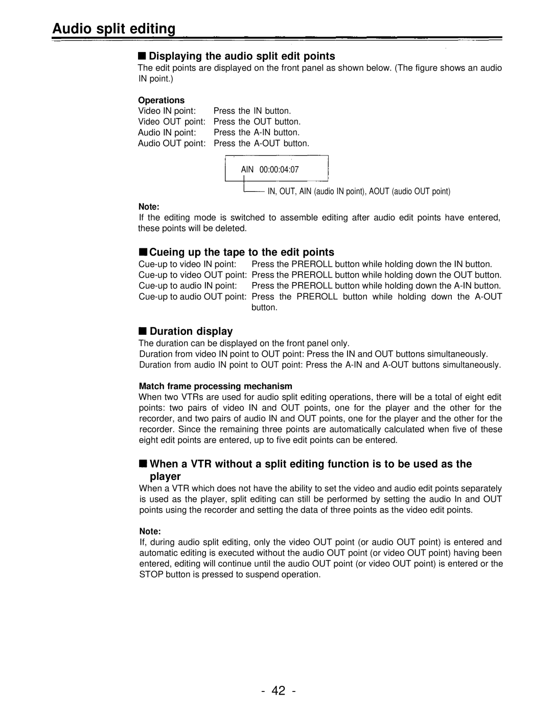 Panasonic AJ-D950 manual Displaying the audio split edit points, Cueing up the tape to the edit points, Duration display 