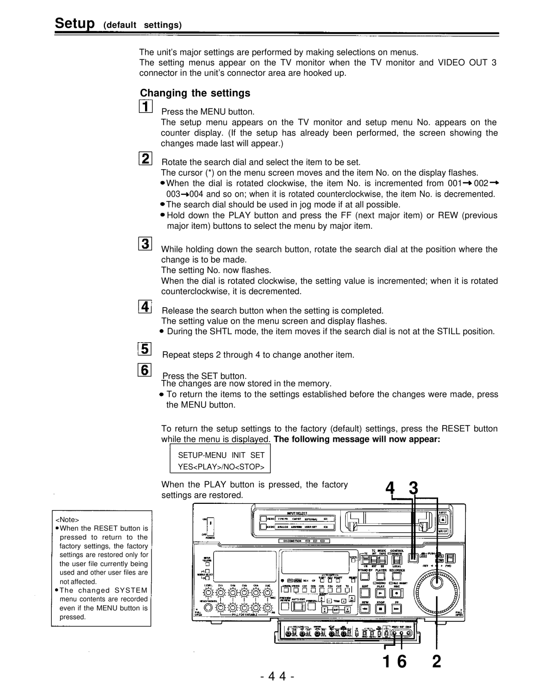 Panasonic AJ-D950, AJ-PD950 manual Changing the settings, Setup default settings, SETUP-MENU Init SET YESPLAY/NOSTOP 