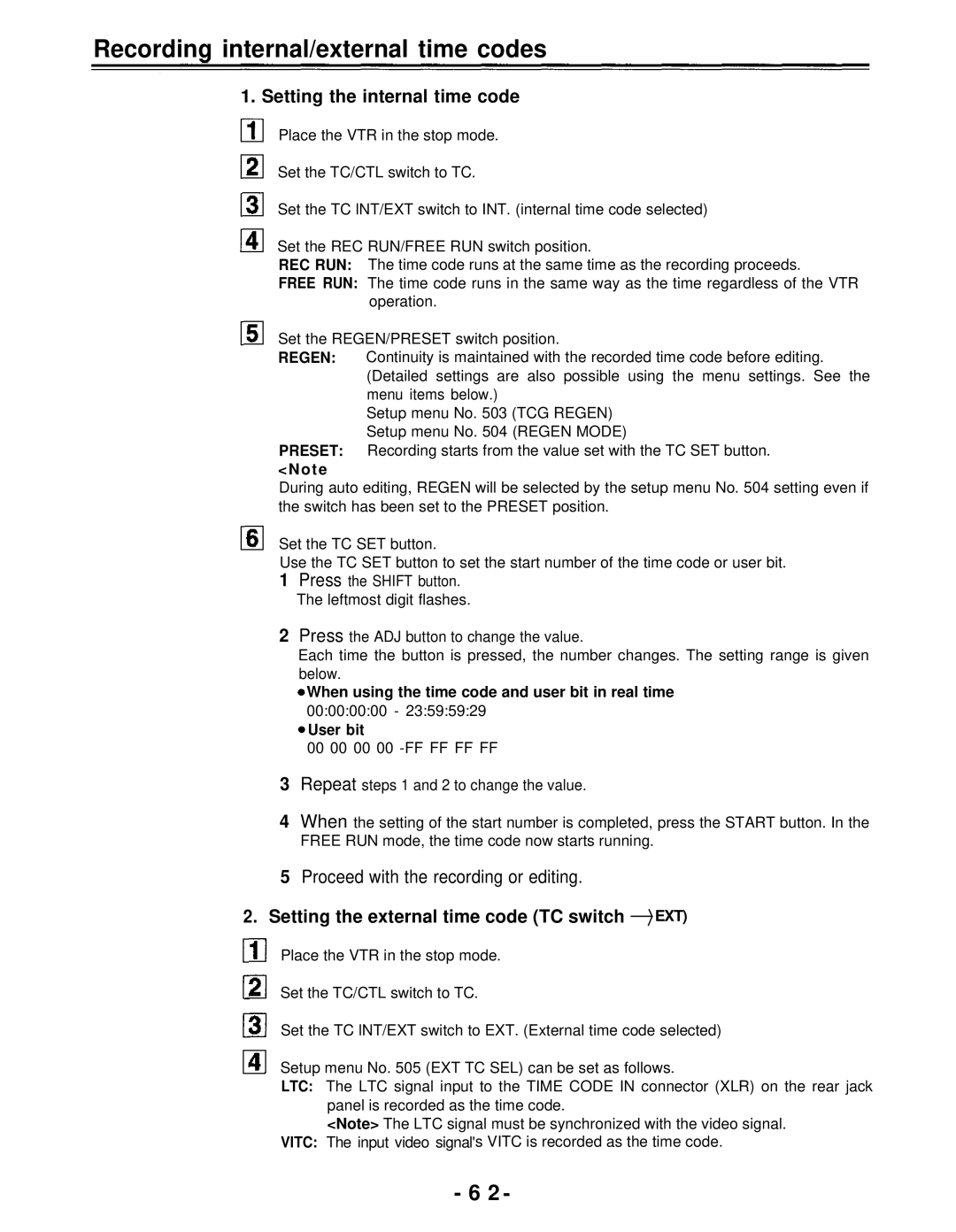 Panasonic AJ-D950, AJ-PD950 manual Recording internal/external time codes, Setting the internal time code 