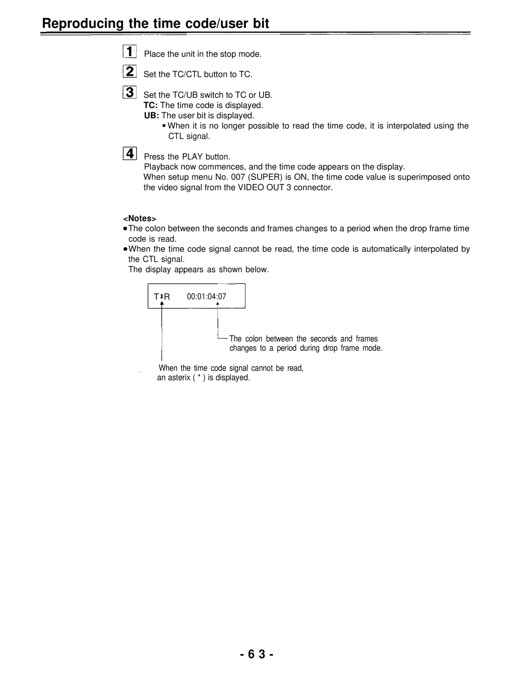 Panasonic AJ-PD950, AJ-D950 manual Reproducing the time code/user bit 