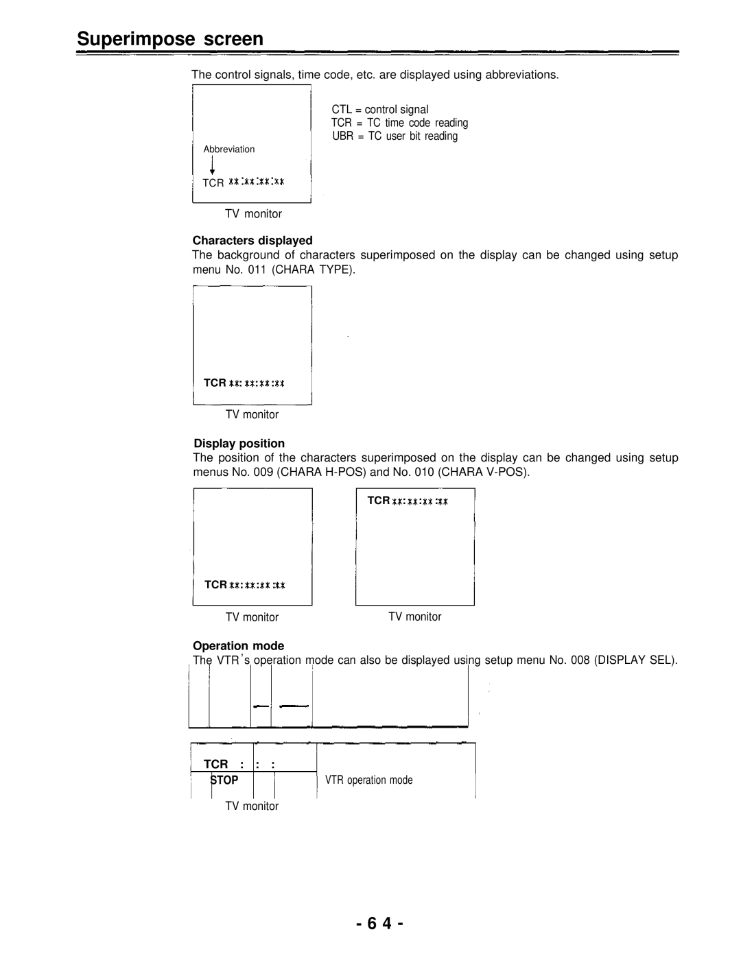 Panasonic AJ-D950, AJ-PD950 Superimpose screen, Characters displayed, Display position, Operation mode, VTR operation mode 