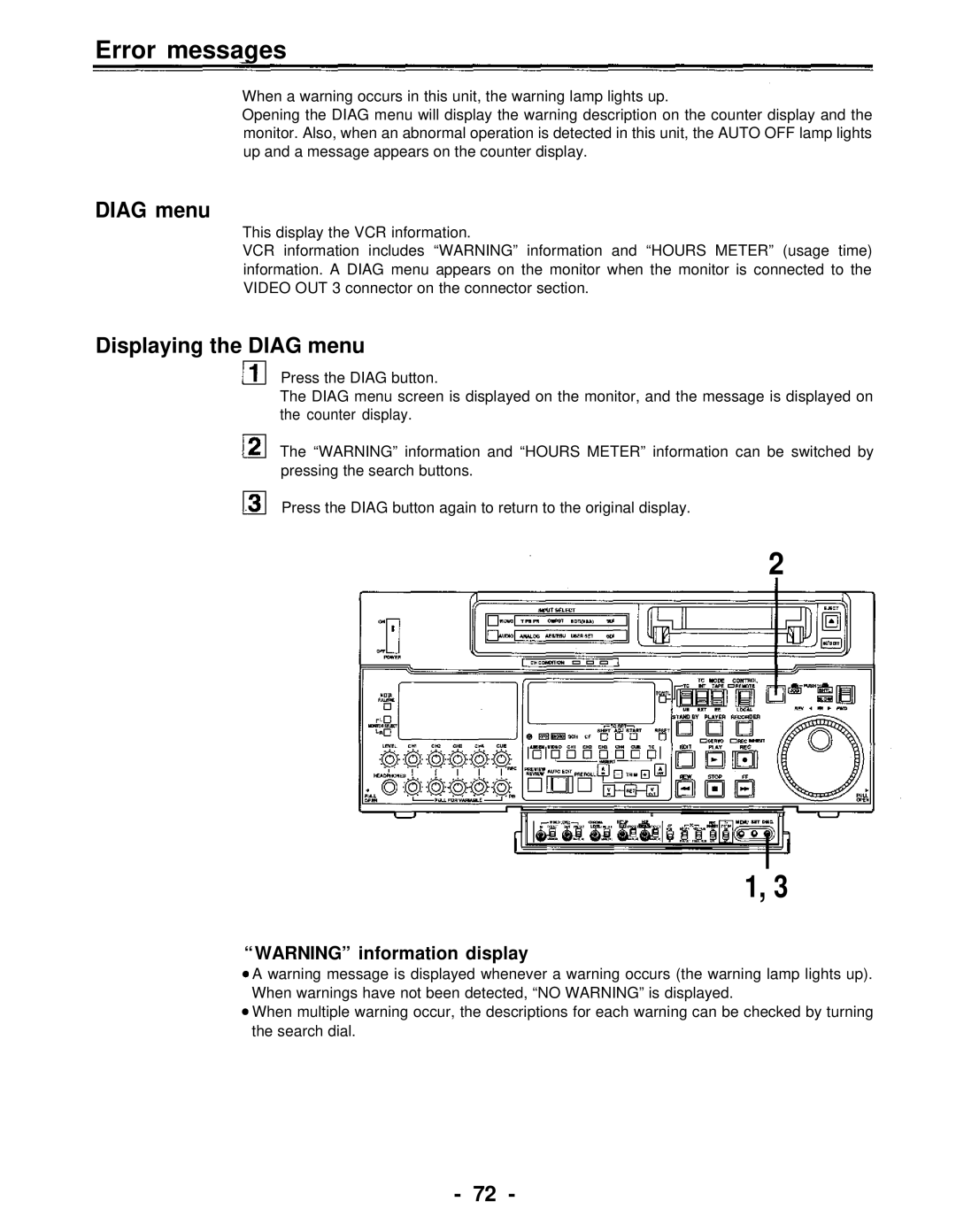 Panasonic AJ-D950, AJ-PD950 manual Error messages, Displaying the Diag menu 