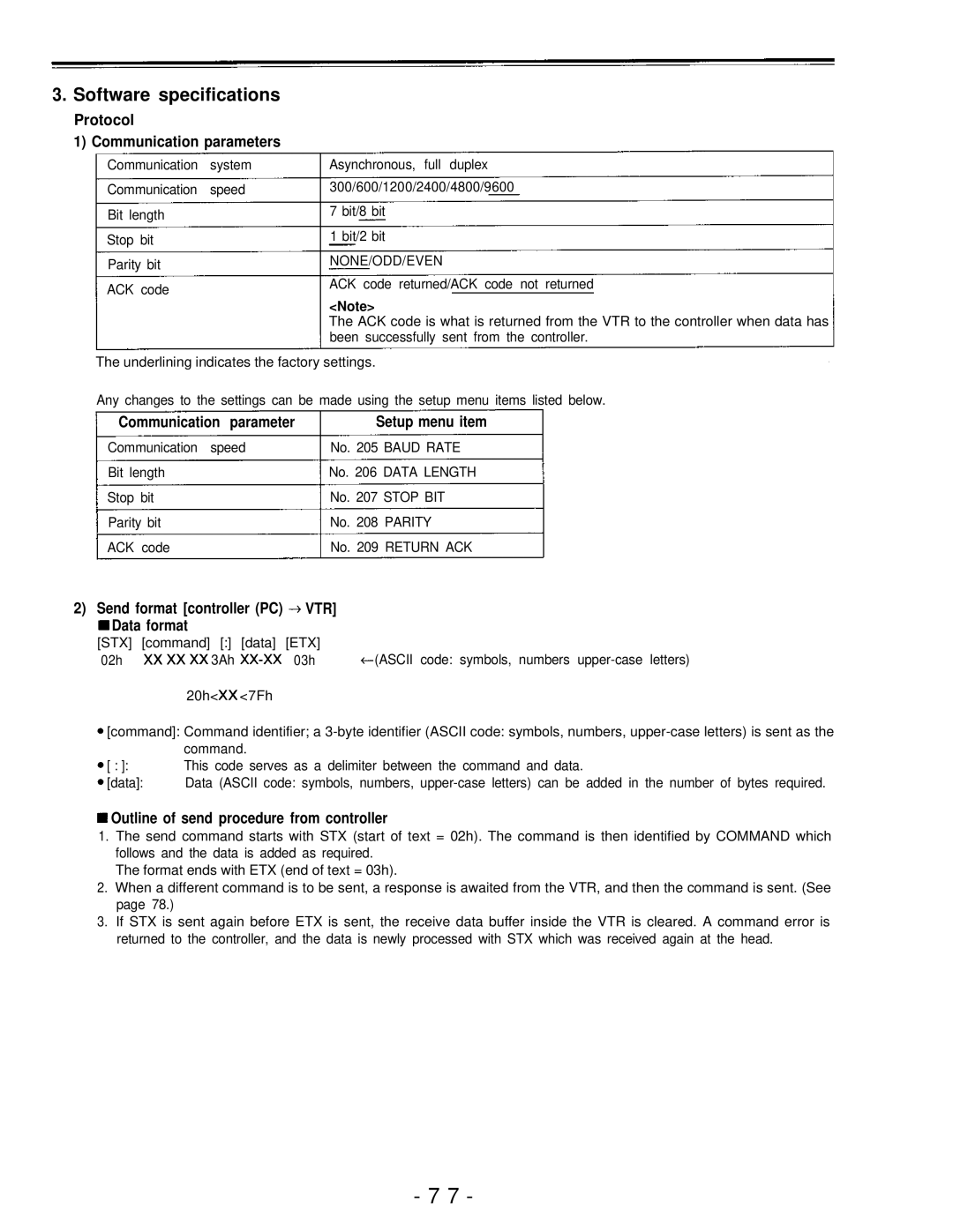 Panasonic AJ-PD950, AJ-D950 manual Software specifications, Protocol Communication parameters, Data format 