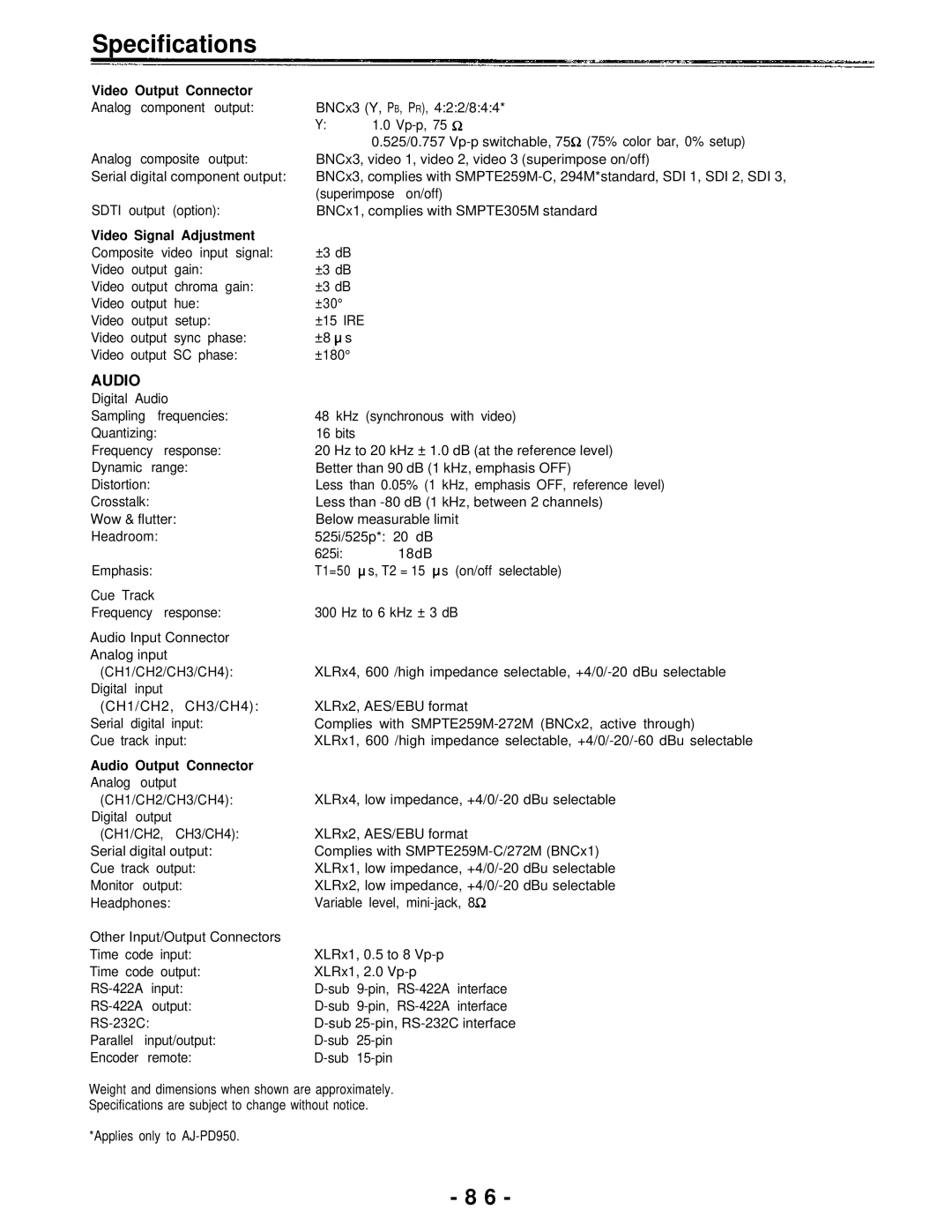 Panasonic AJ-D950, AJ-PD950 manual Audio 