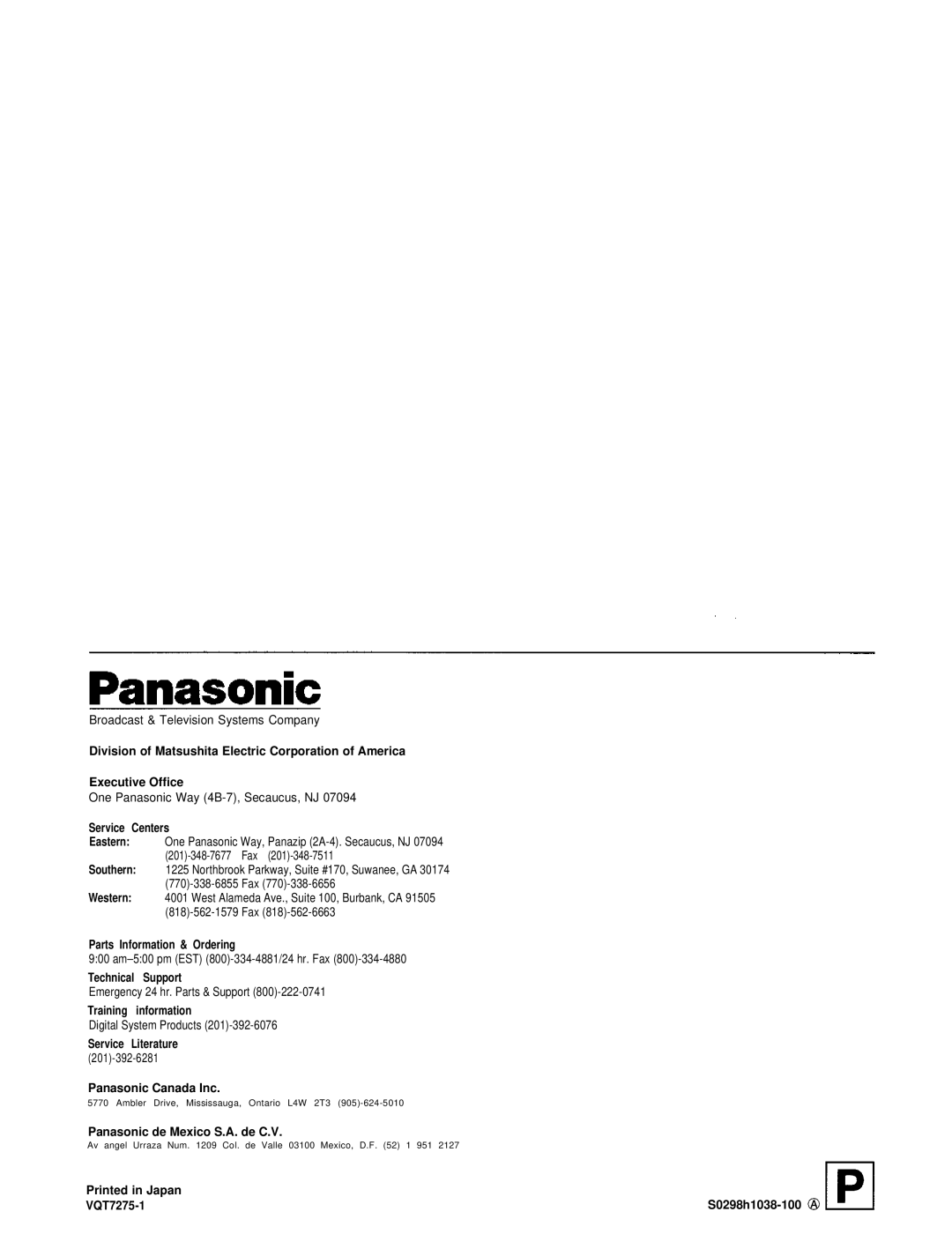 Panasonic AJ-PD950, AJ-D950 manual Parts Information & Ordering 