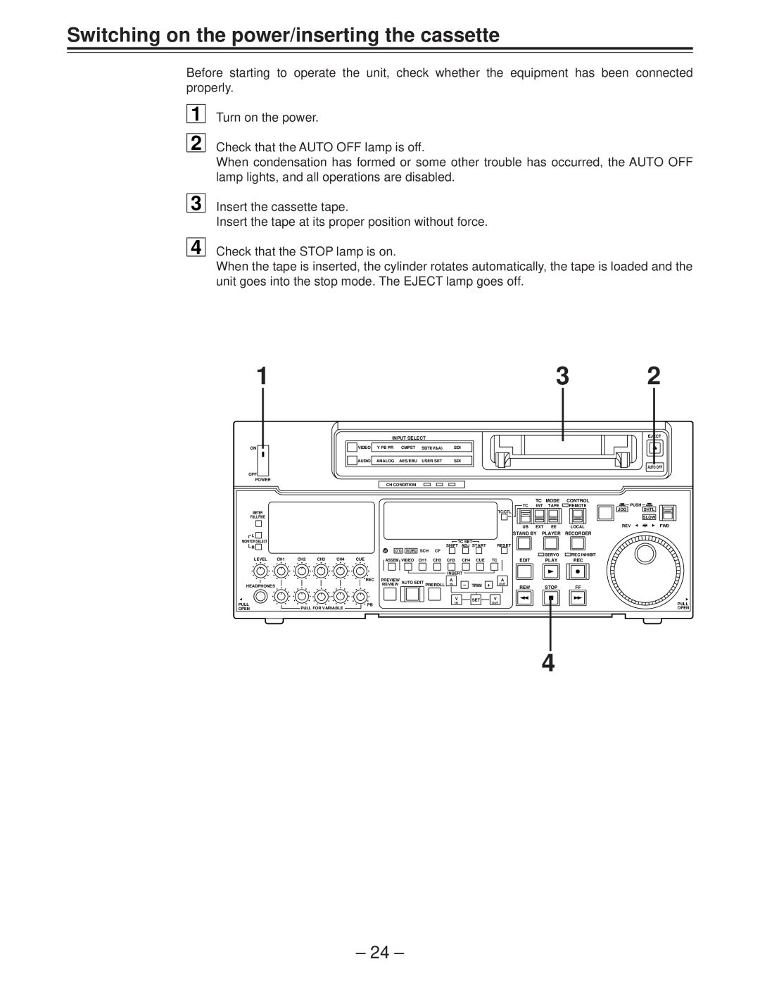 Panasonic AJ-D950 manual Switching on the power/inserting the cassette, Stand by Player 