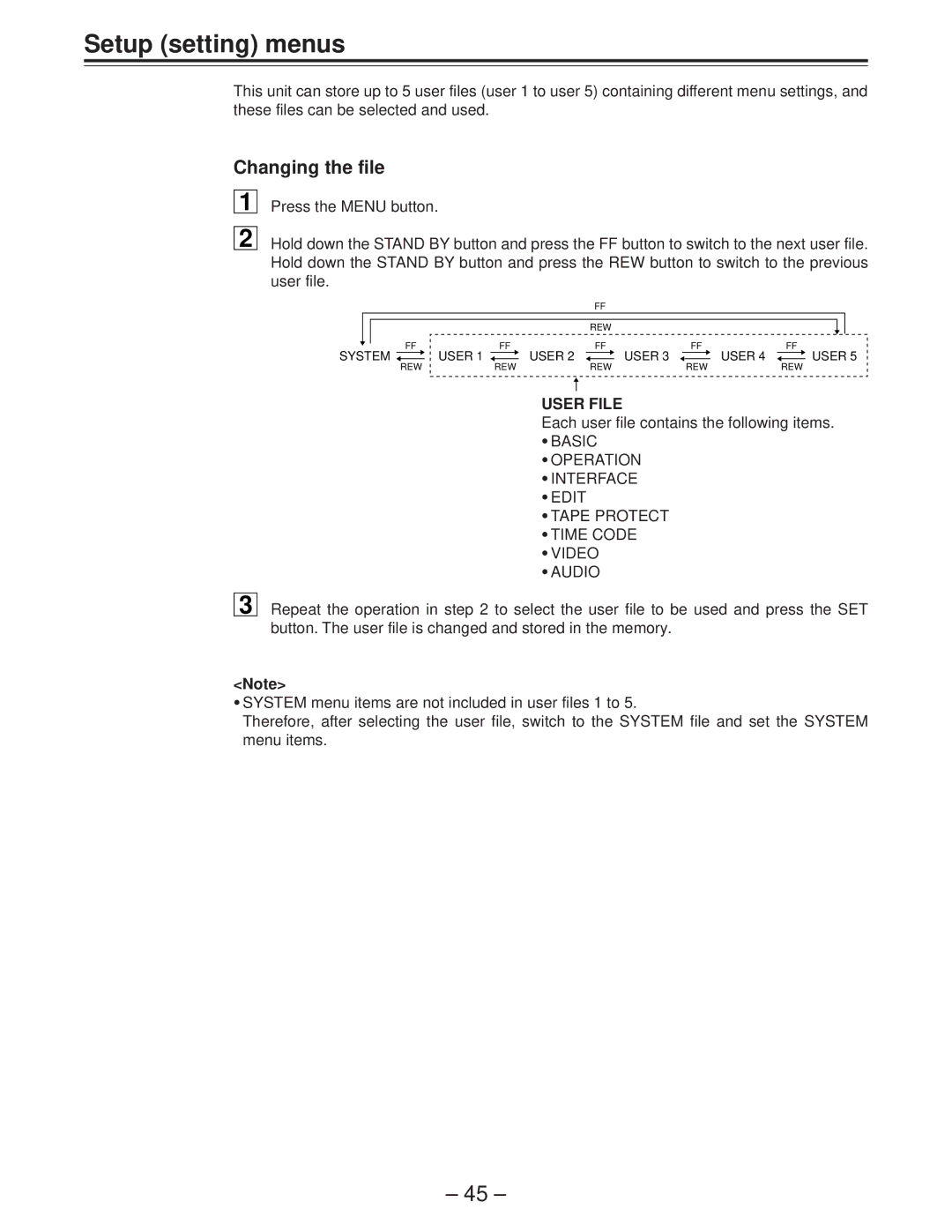 Panasonic AJ-D950 manual Setup setting menus, Changing the file 