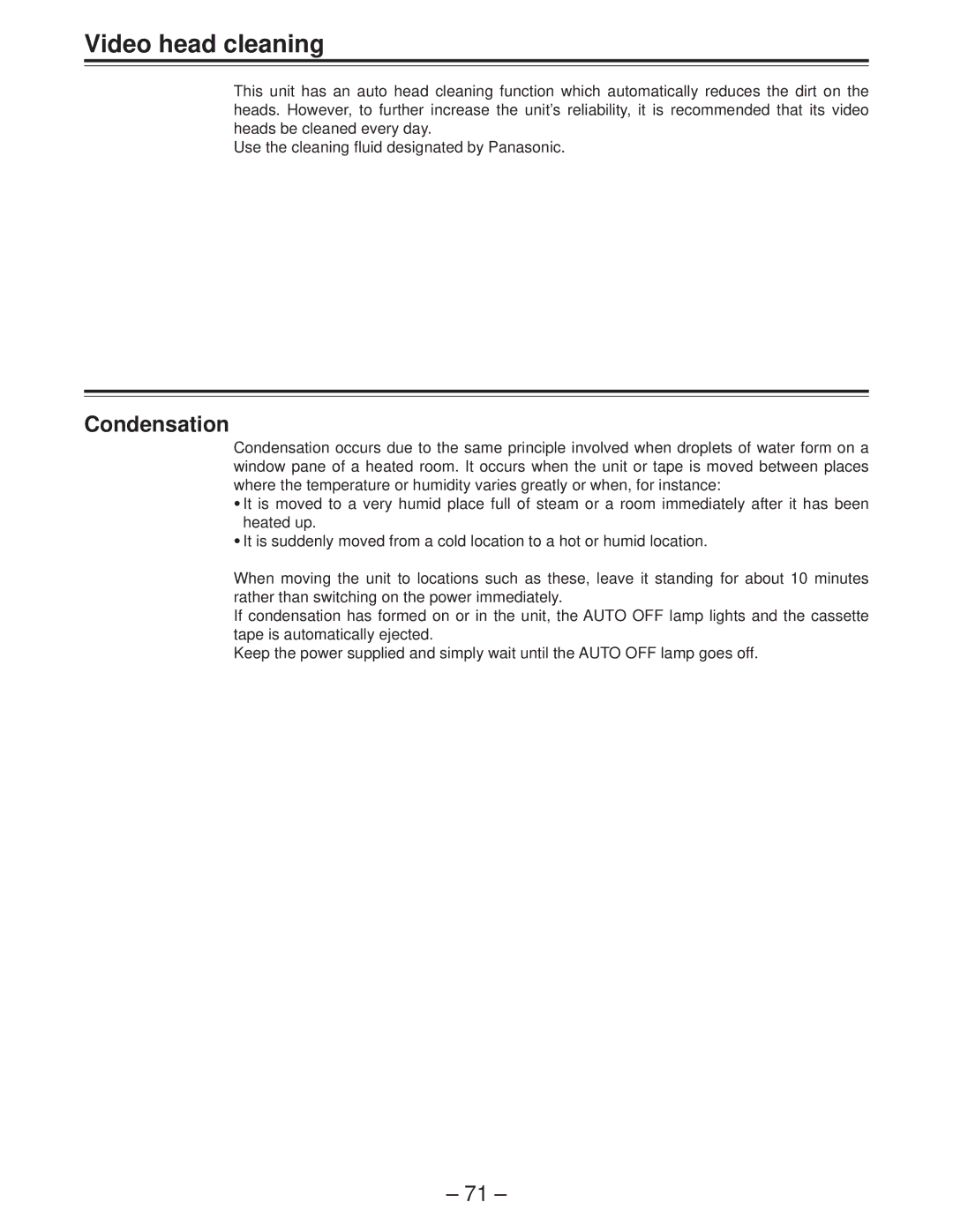 Panasonic AJ-D950 manual Video head cleaning, Condensation 