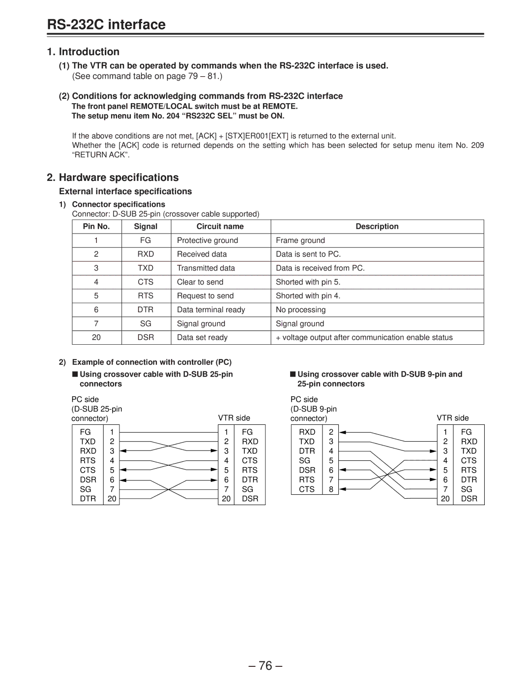 Panasonic AJ-D950 manual RS-232C interface, Introduction, Hardware specifications, External interface specifications 