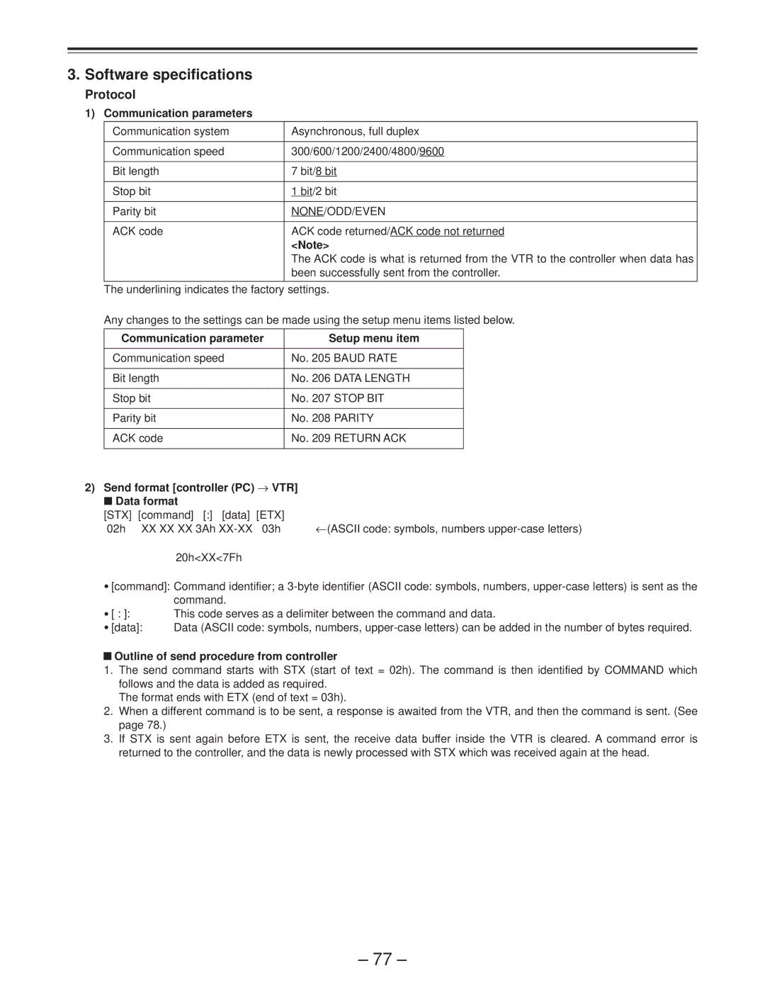 Panasonic AJ-D950 manual Software specifications, Protocol 