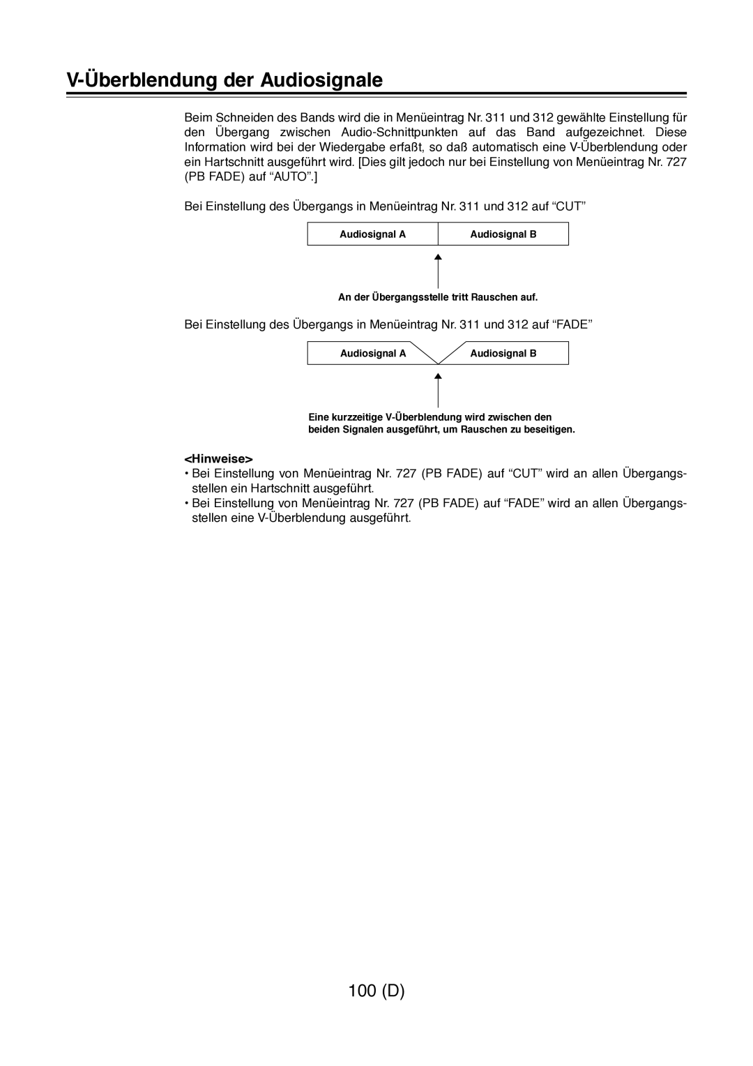 Panasonic AJ-D960 operating instructions Überblendung der Audiosignale 