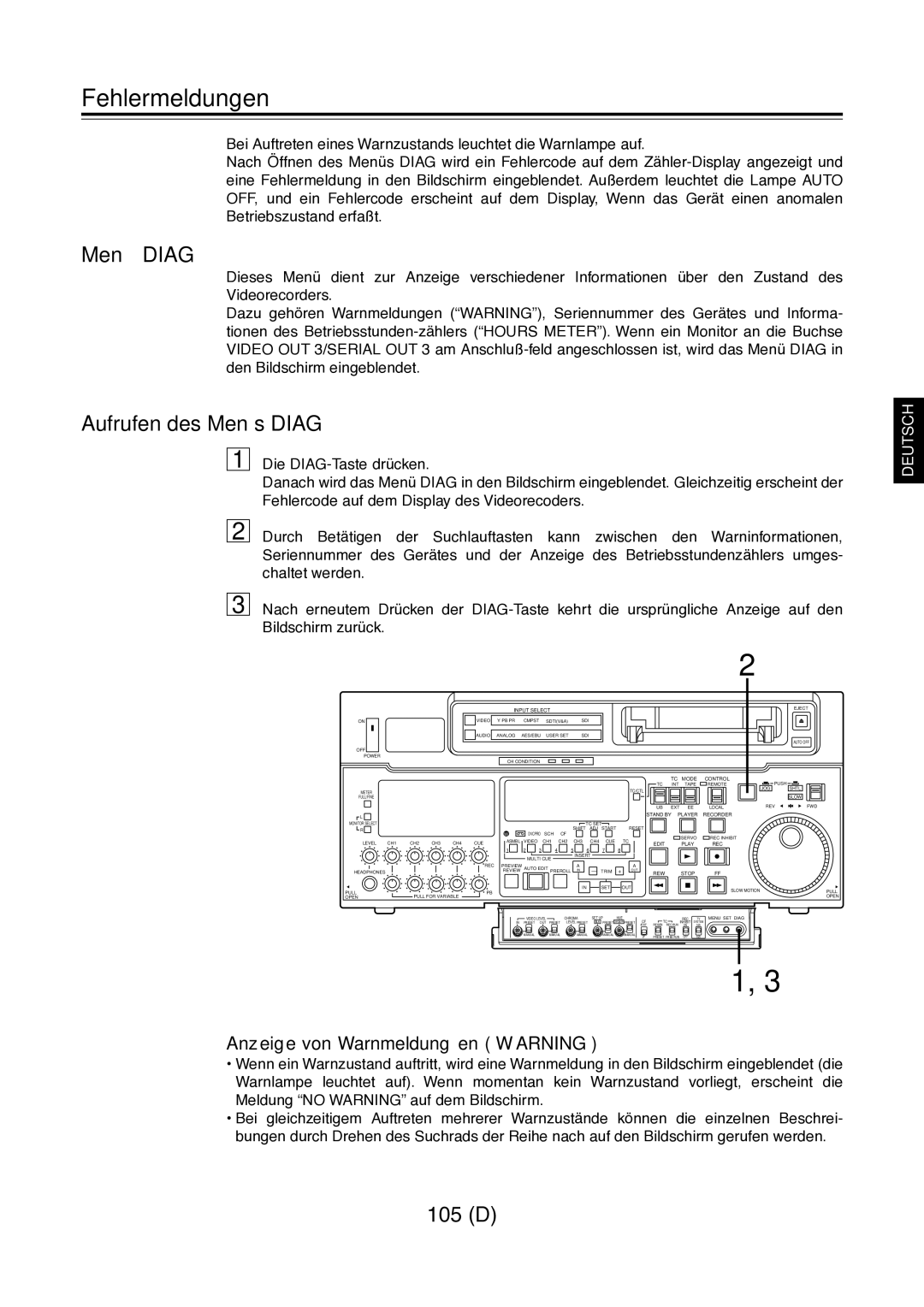 Panasonic AJ-D960 Fehlermeldungen, Menü Diag, Aufrufen des Menüs Diag, Anzeige von Warnmeldungen Warning 