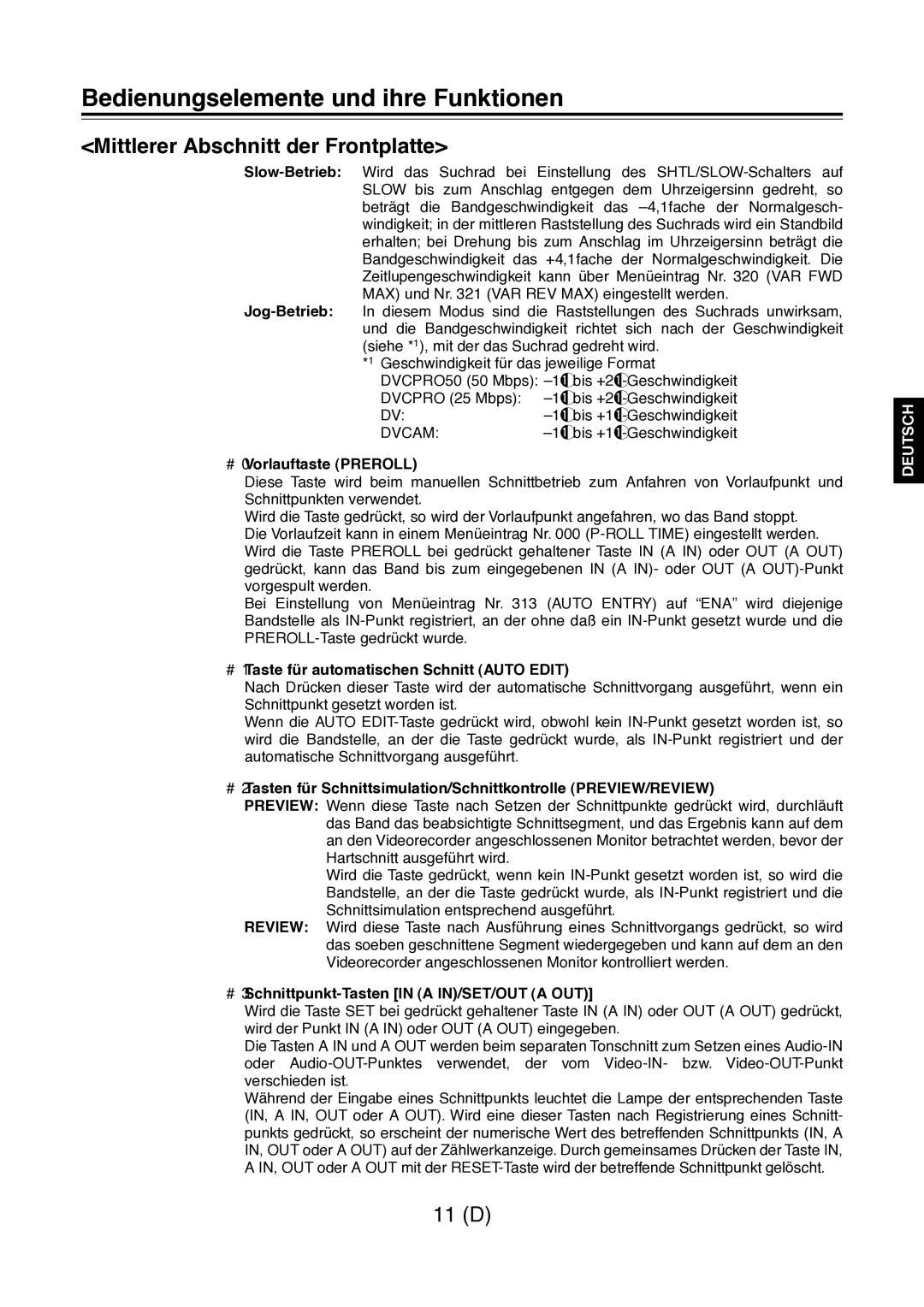 Panasonic AJ-D960 operating instructions #0Vorlauftaste Preroll, #1Taste für automatischen Schnitt Auto Edit 