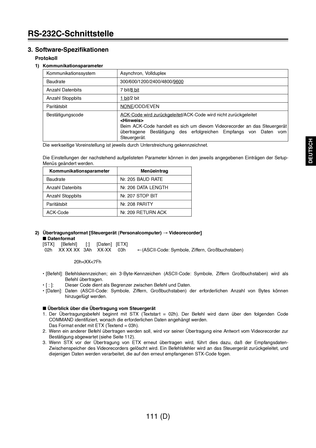 Panasonic AJ-D960 operating instructions Software-Spezifikationen, Protokoll, Kommunikationsparameter Menüeintrag 