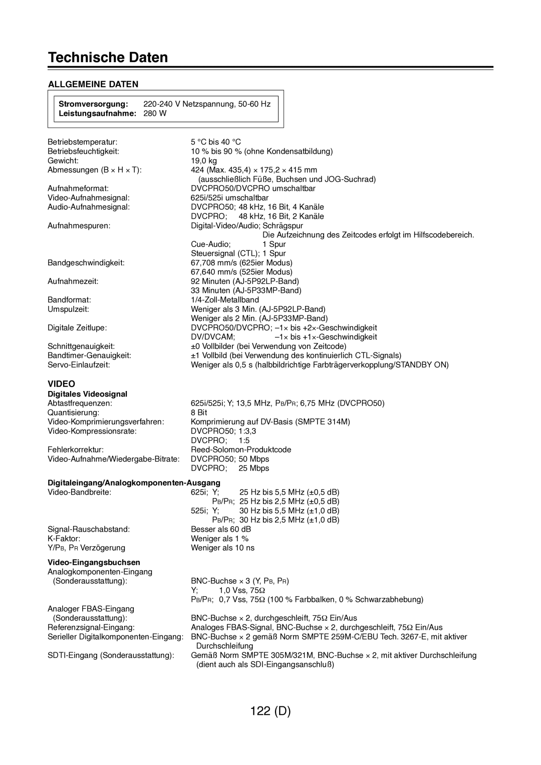 Panasonic AJ-D960 operating instructions Technische Daten 