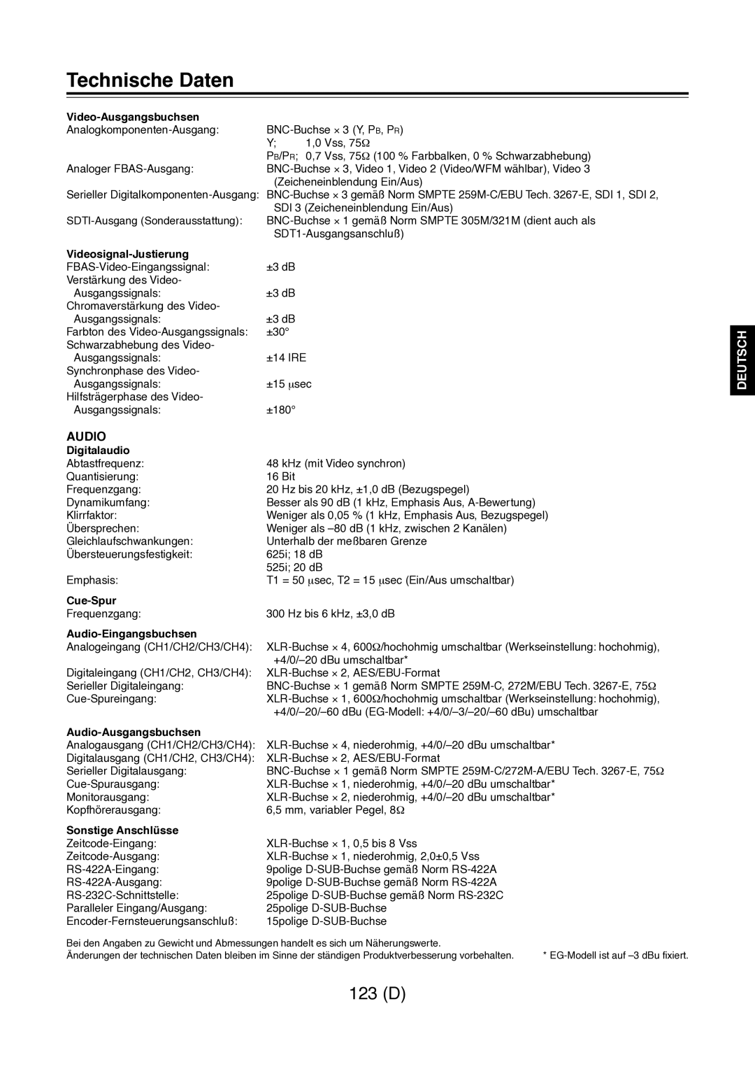 Panasonic AJ-D960 Video-Ausgangsbuchsen, Videosignal-Justierung, Digitalaudio, Cue-Spur, Audio-Eingangsbuchsen 