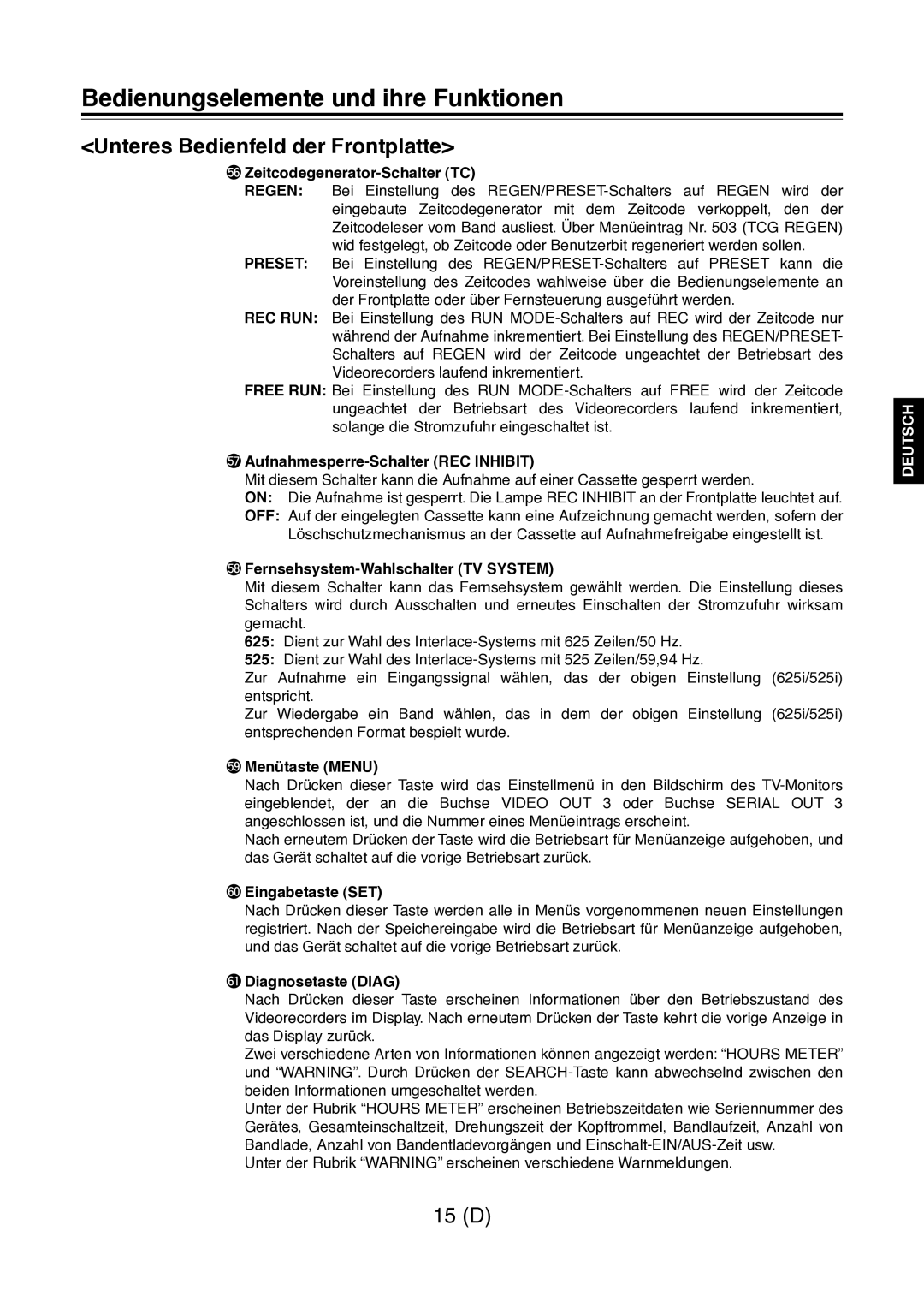 Panasonic AJ-D960 6Zeitcodegenerator-Schalter TC, 7Aufnahmesperre-Schalter REC Inhibit, 9Menütaste Menu, 0Eingabetaste SET 