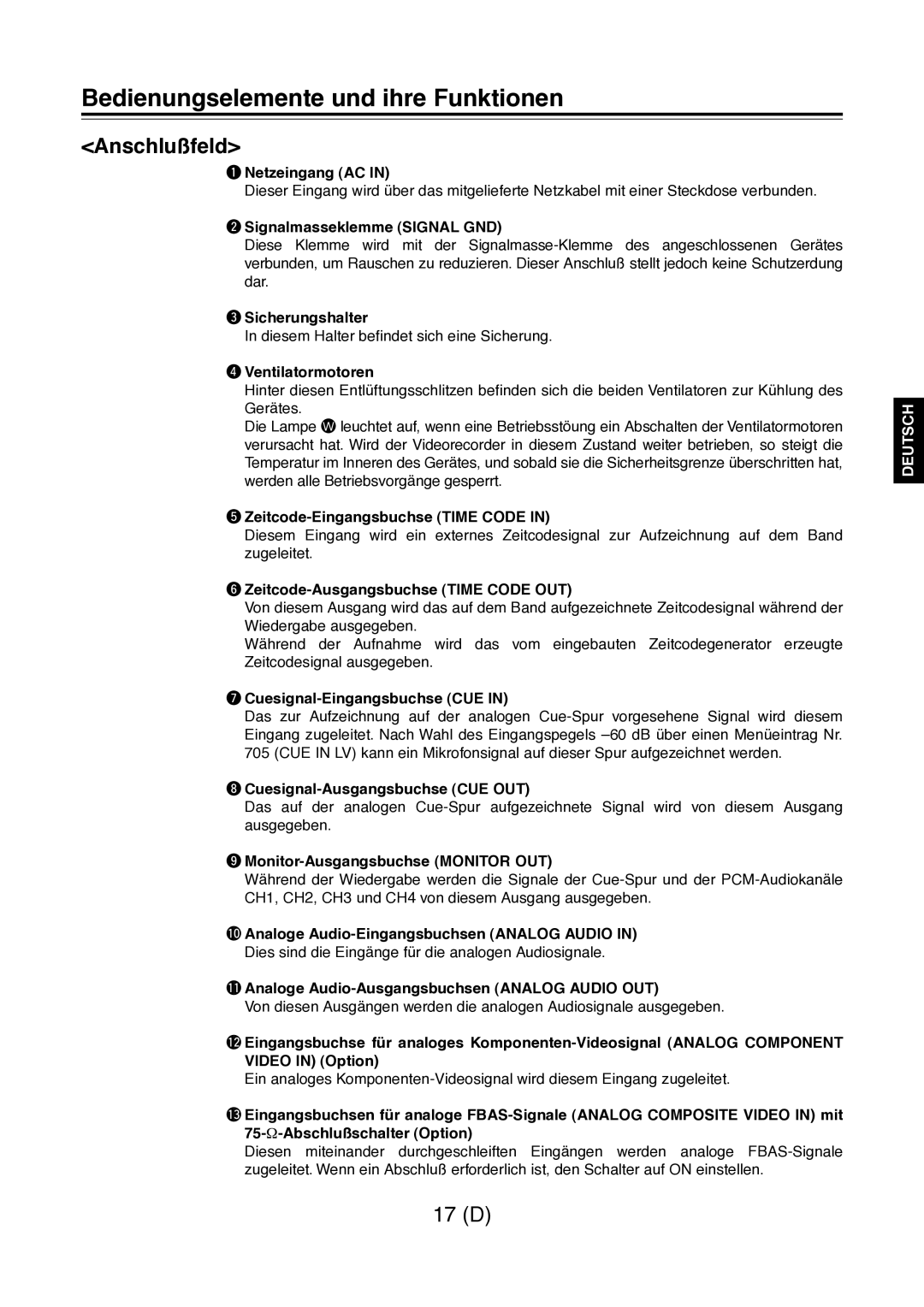 Panasonic AJ-D960 operating instructions Netzeingang AC, Signalmasseklemme Signal GND, Sicherungshalter, Ventilatormotoren 