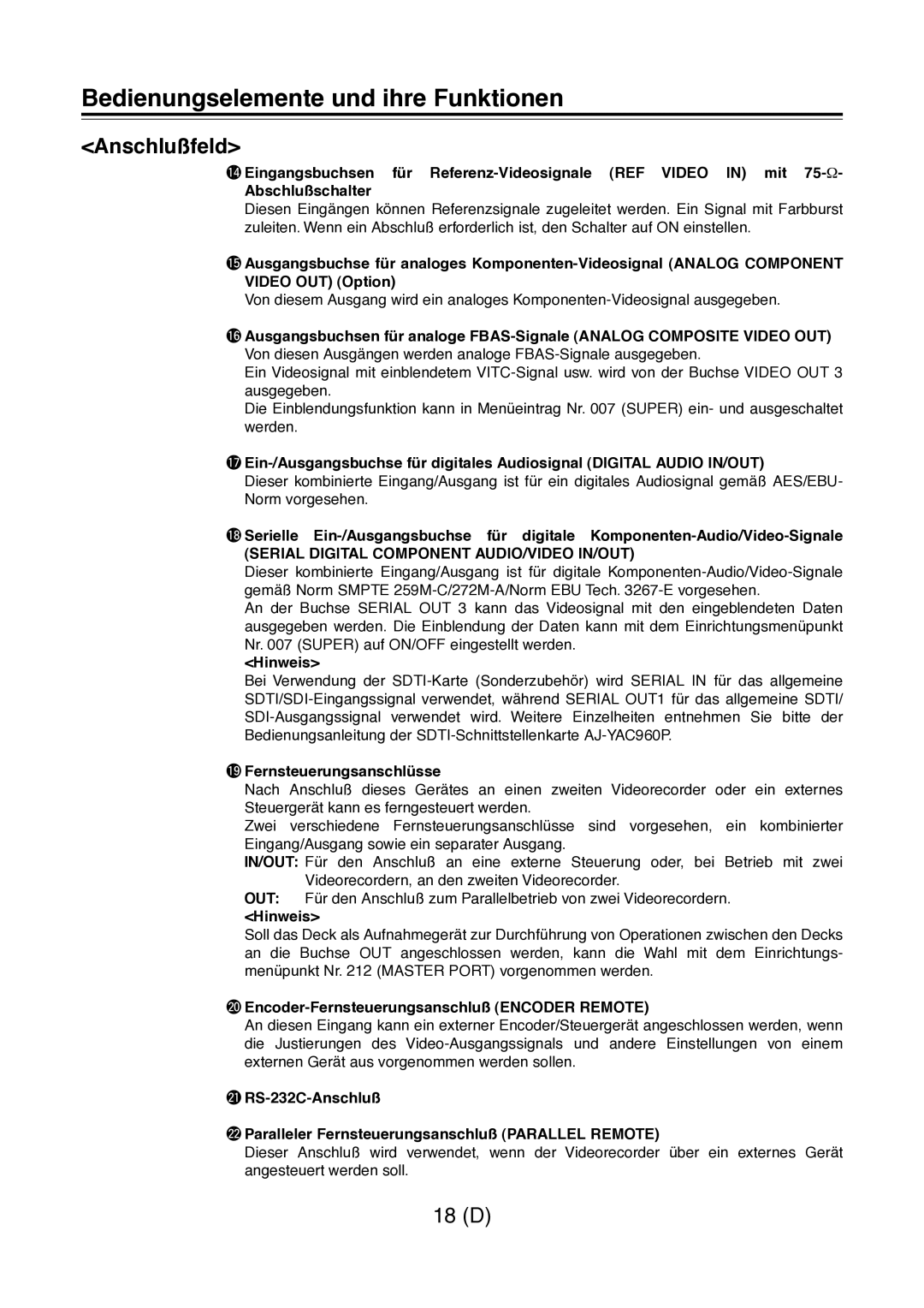 Panasonic AJ-D960 operating instructions 9Fernsteuerungsanschlüsse, @0Encoder-Fernsteuerungsanschluß Encoder Remote 