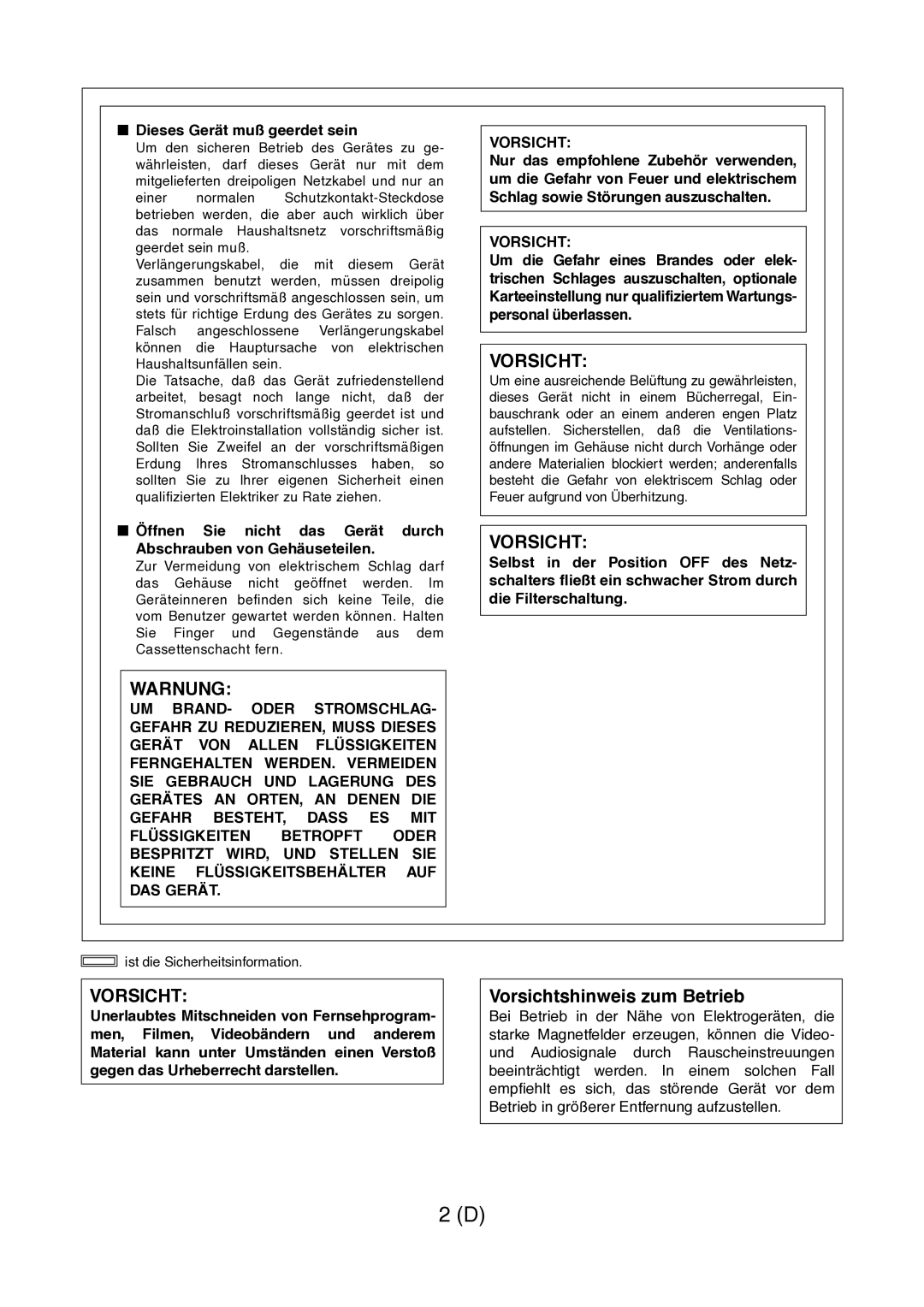 Panasonic AJ-D960 operating instructions Vorsichtshinweis zum Betrieb, Dieses Gerät muß geerdet sein 