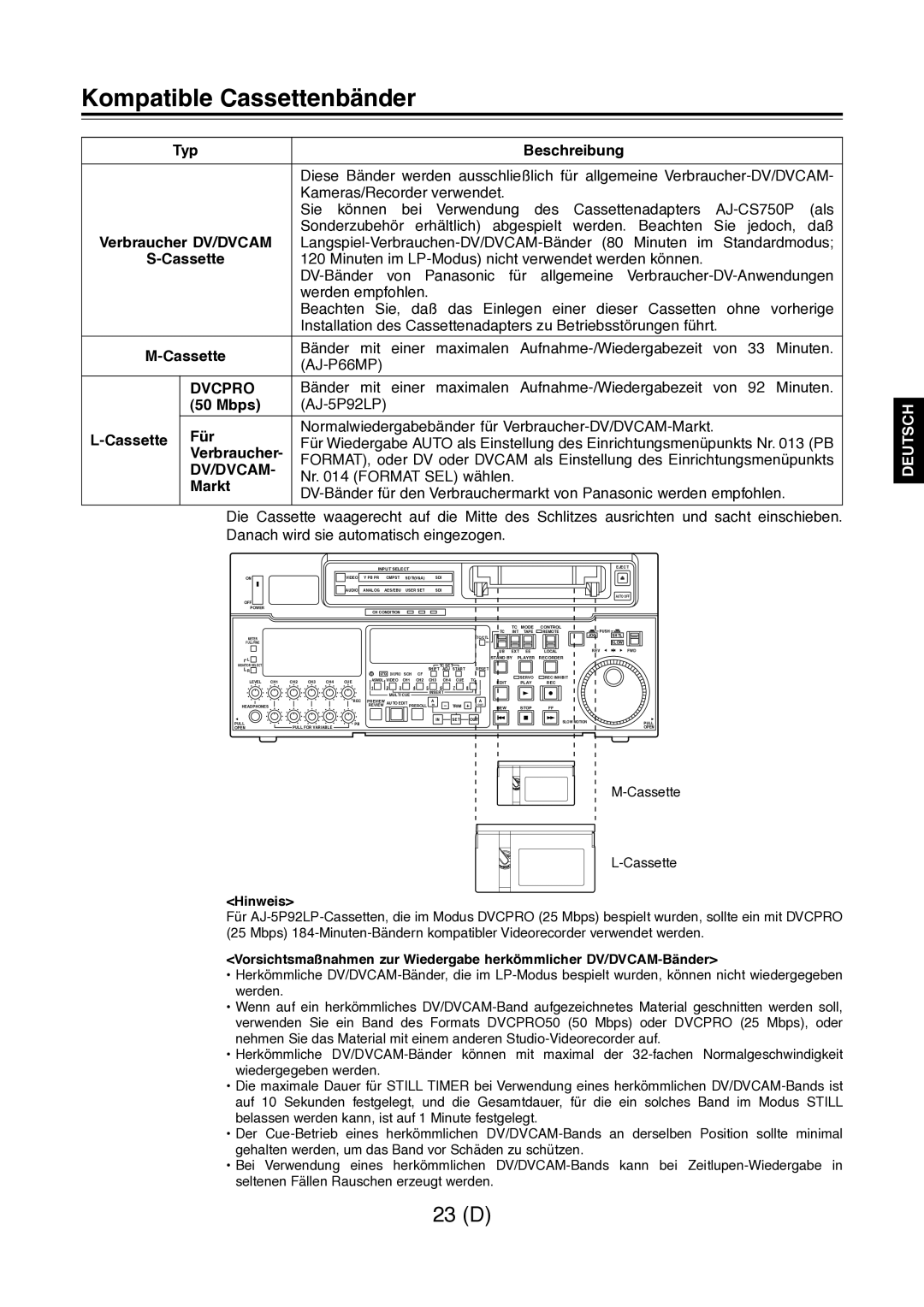 Panasonic AJ-D960 operating instructions Kompatible Cassettenbänder 