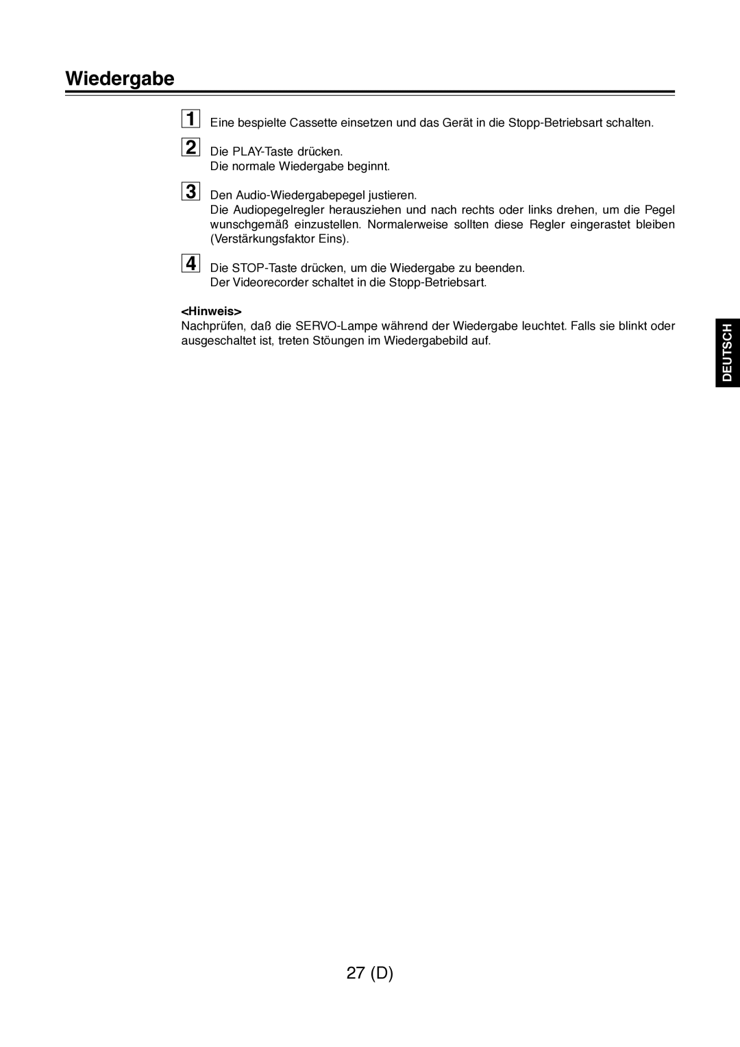 Panasonic AJ-D960 operating instructions Wiedergabe, Hinweis 