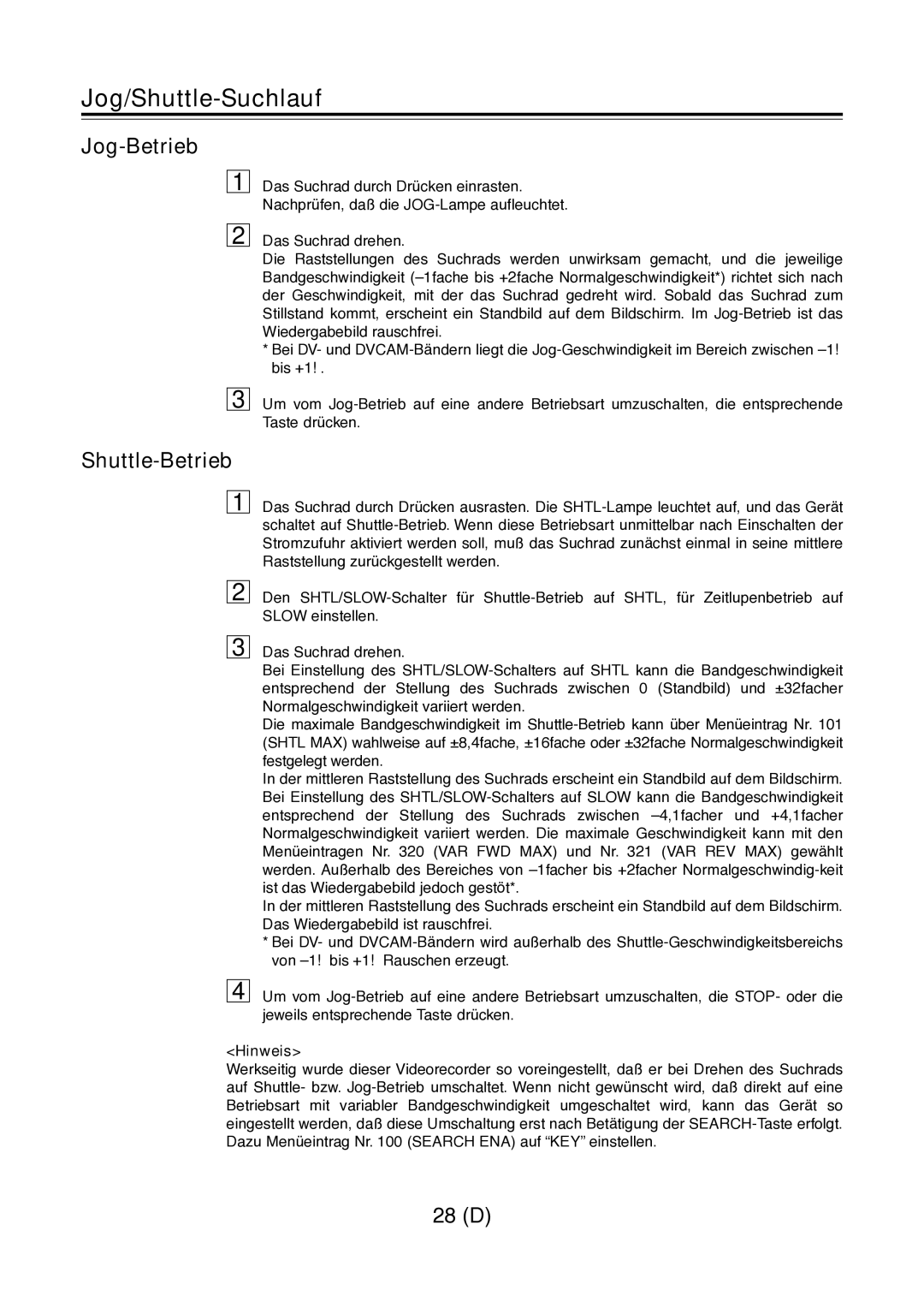 Panasonic AJ-D960 operating instructions Jog/Shuttle-Suchlauf, Jog-Betrieb, Shuttle-Betrieb 