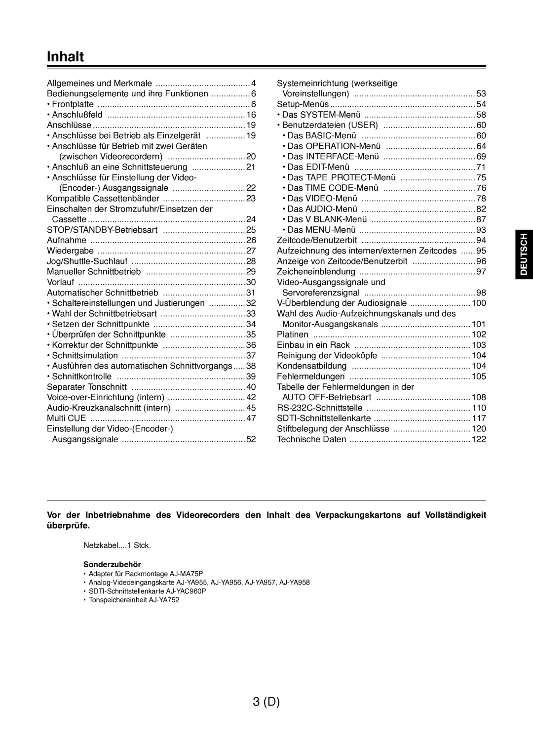 Panasonic AJ-D960 operating instructions Inhalt, Sonderzubehör 