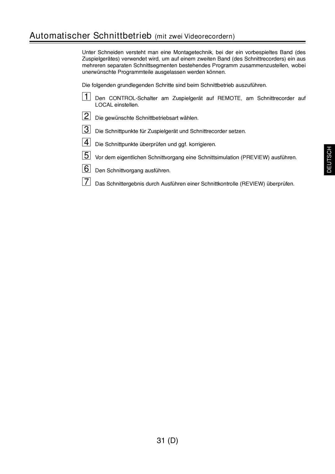 Panasonic AJ-D960 operating instructions Automatischer Schnittbetrieb mit zwei Videorecordern 