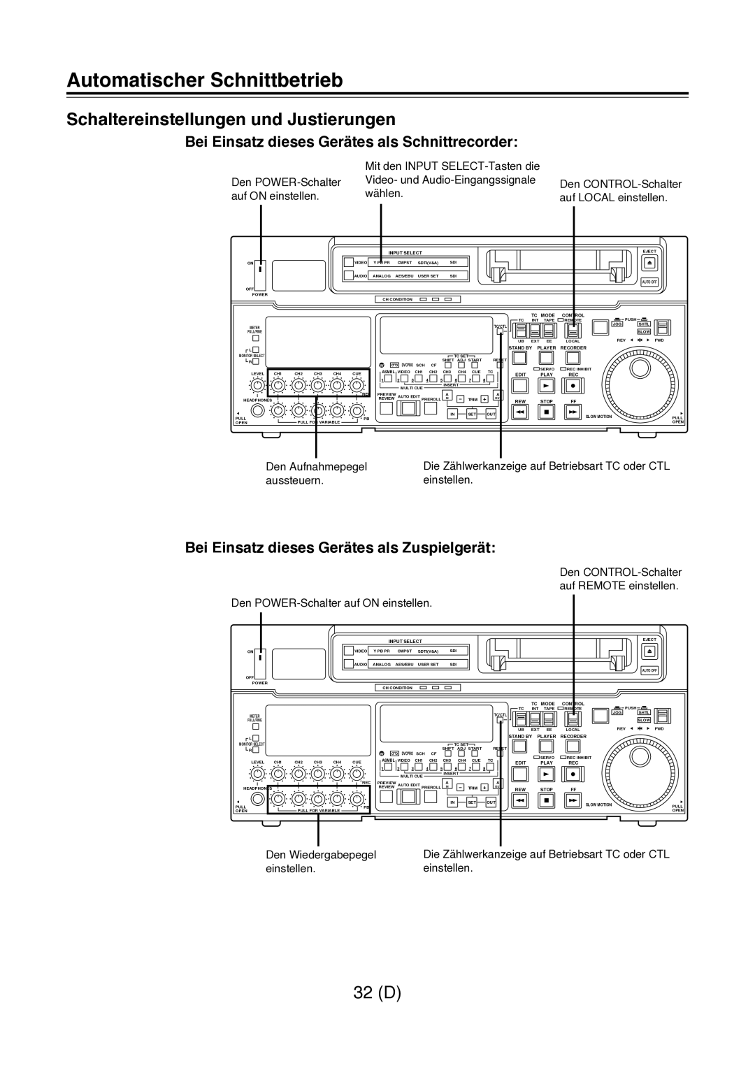 Panasonic AJ-D960 operating instructions Automatischer Schnittbetrieb, Schaltereinstellungen und Justierungen 