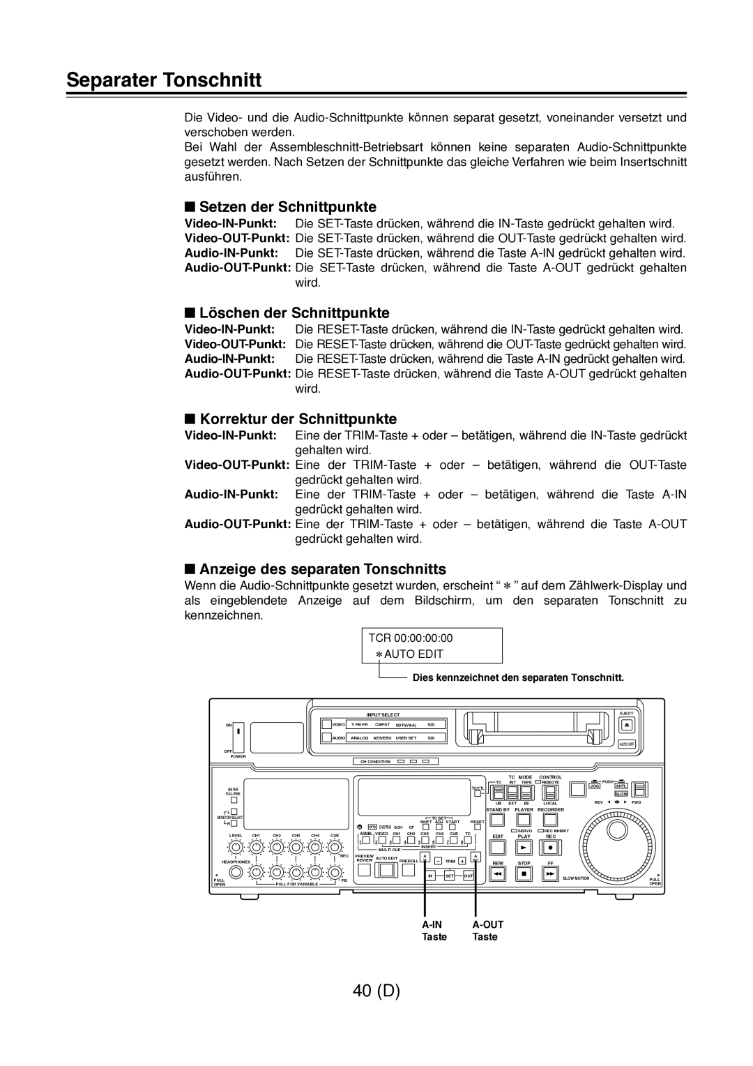 Panasonic AJ-D960 Separater Tonschnitt, Setzen der Schnittpunkte, Löschen der Schnittpunkte, Korrektur der Schnittpunkte 