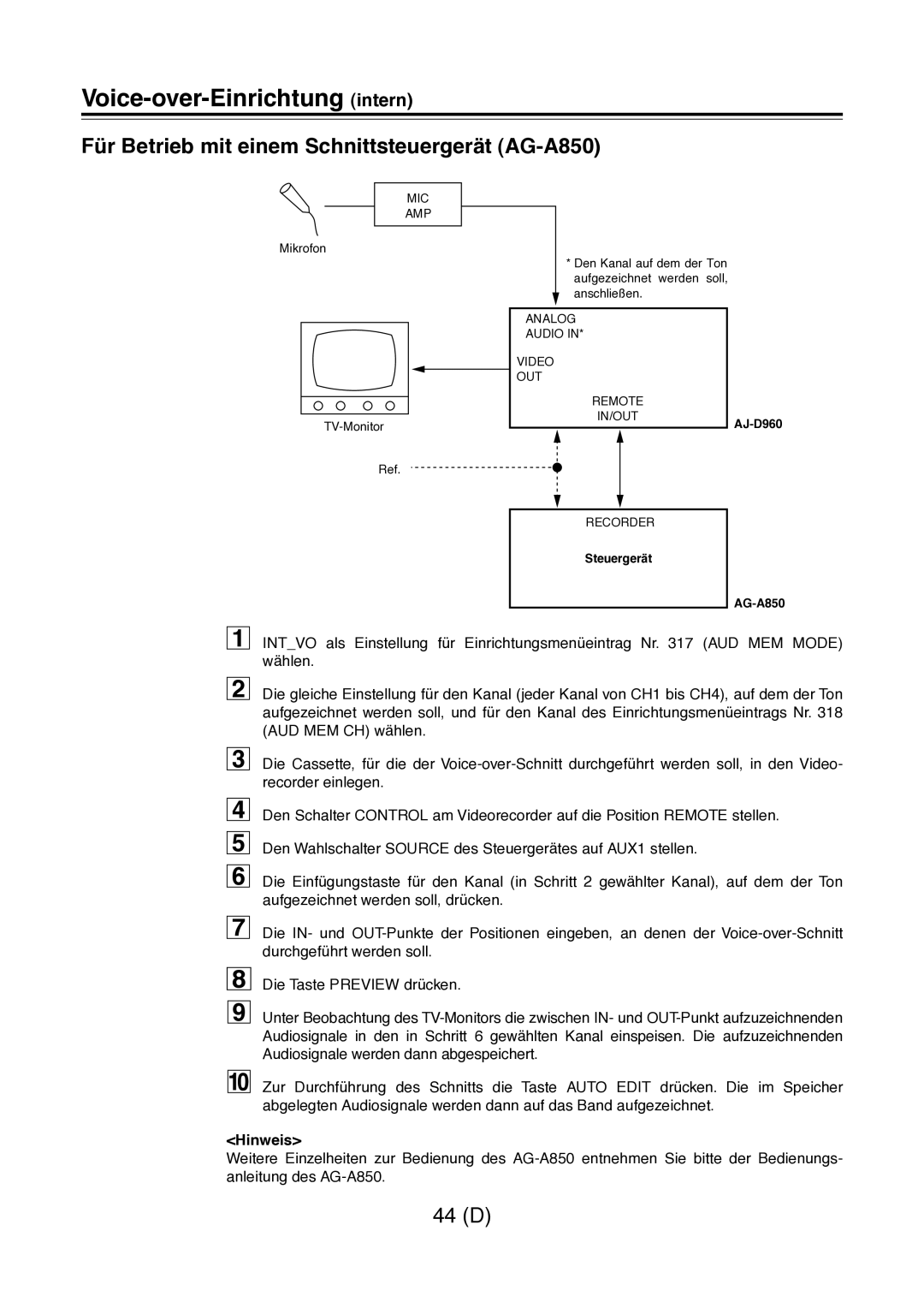 Panasonic AJ-D960 operating instructions Für Betrieb mit einem Schnittsteuergerät AG-A850 