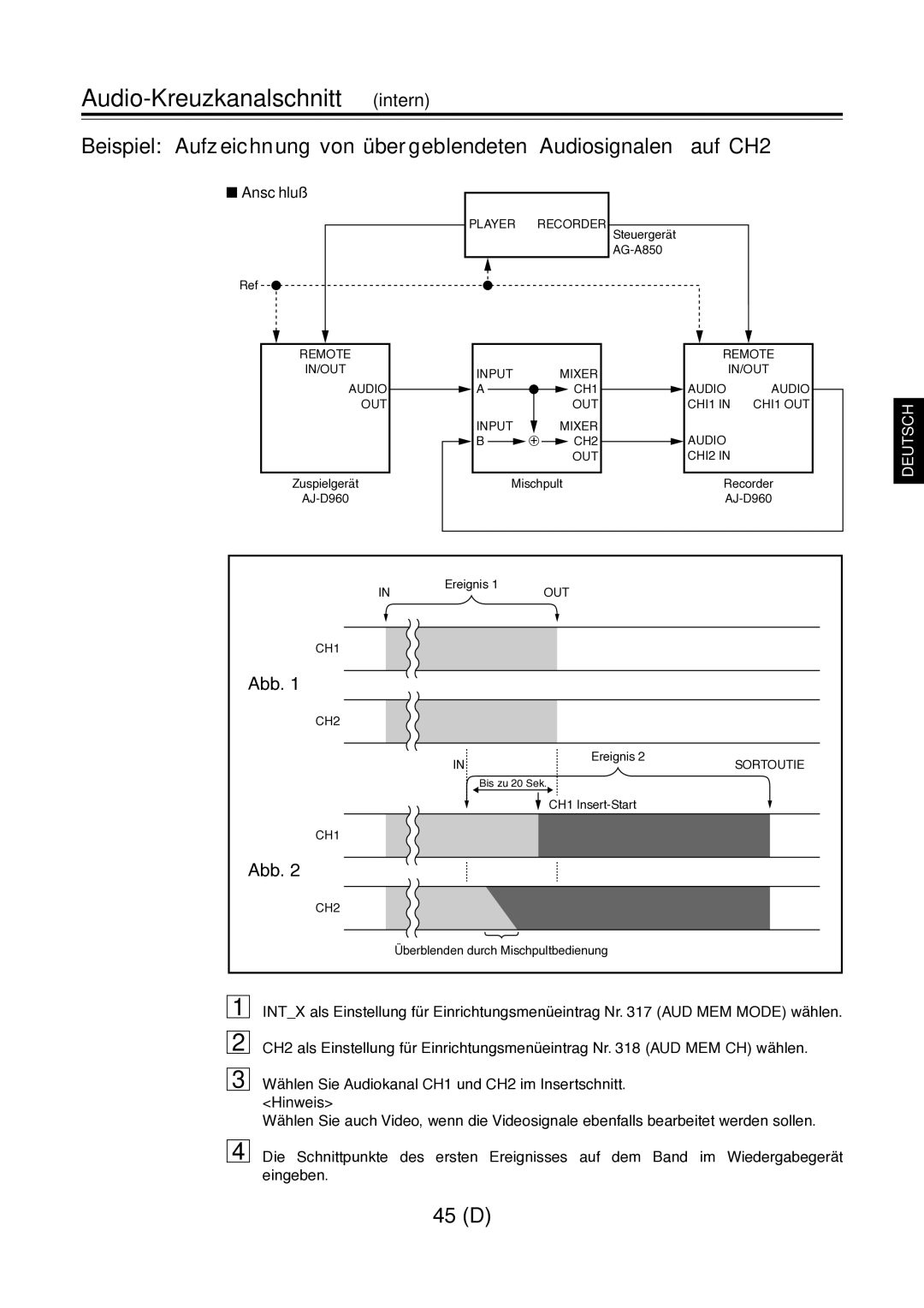 Panasonic AJ-D960 operating instructions Audio-Kreuzkanalschnitt intern, Anschluß 