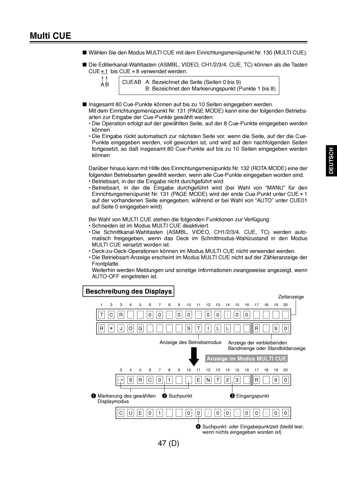 Panasonic AJ-D960 operating instructions Multi CUE, Beschreibung des Displays, I L L 