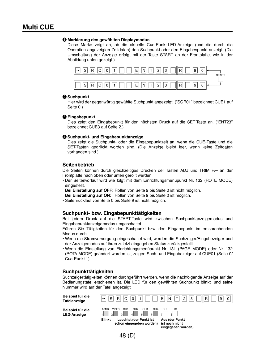 Panasonic AJ-D960 operating instructions Seitenbetrieb, Suchpunkt- bzw. Eingabepunkttätigkeiten, Suchpunkttätigkeiten 