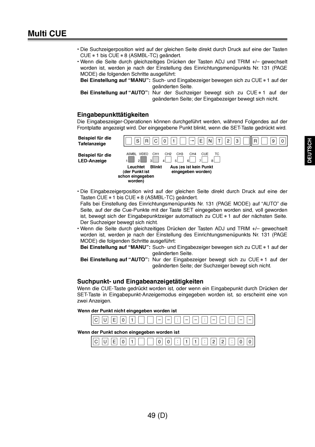 Panasonic AJ-D960 Eingabepunkttätigkeiten, Suchpunkt- und Eingabeanzeigetätigkeiten, Beispiel für die Tafelanzeige 