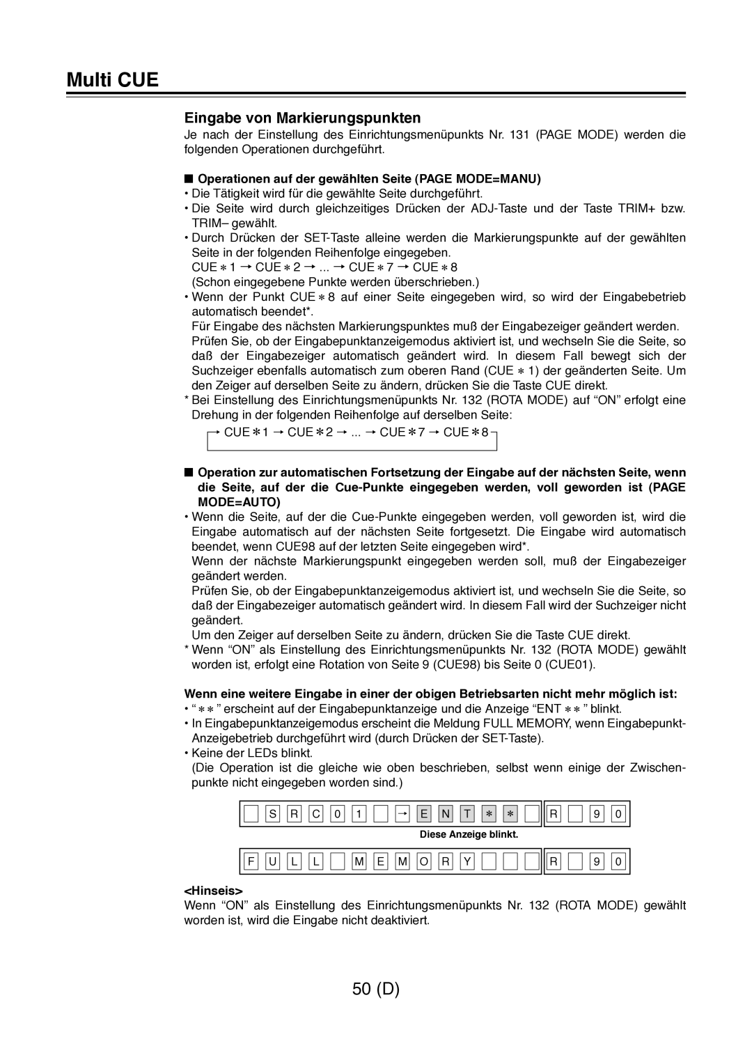 Panasonic AJ-D960 Eingabe von Markierungspunkten, Operationen auf der gewählten Seite page MODE=MANU, Hinseis, O R 