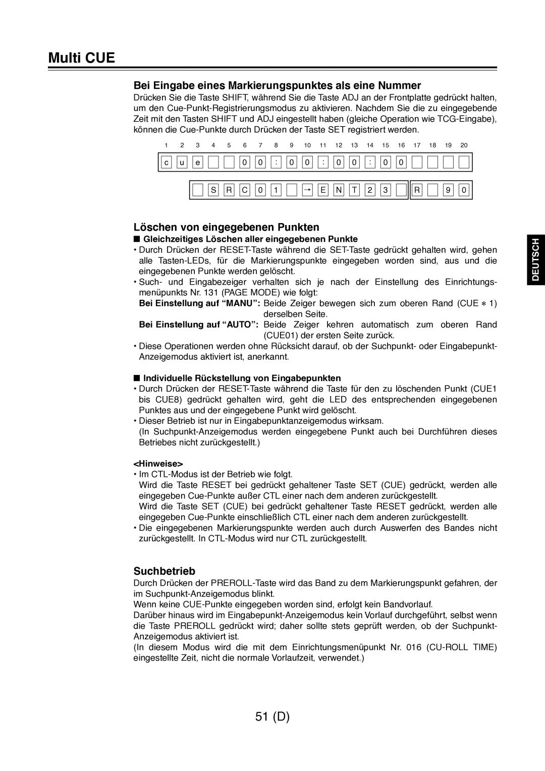 Panasonic AJ-D960 Bei Eingabe eines Markierungspunktes als eine Nummer, Löschen von eingegebenen Punkten, Suchbetrieb 