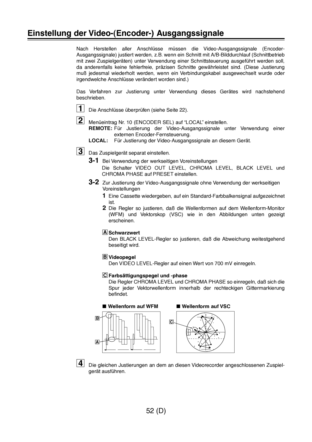 Panasonic AJ-D960 Einstellung der Video-Encoder- Ausgangssignale, Schwarzwert, Videopegel, Farbsättigungspegel und -phase 