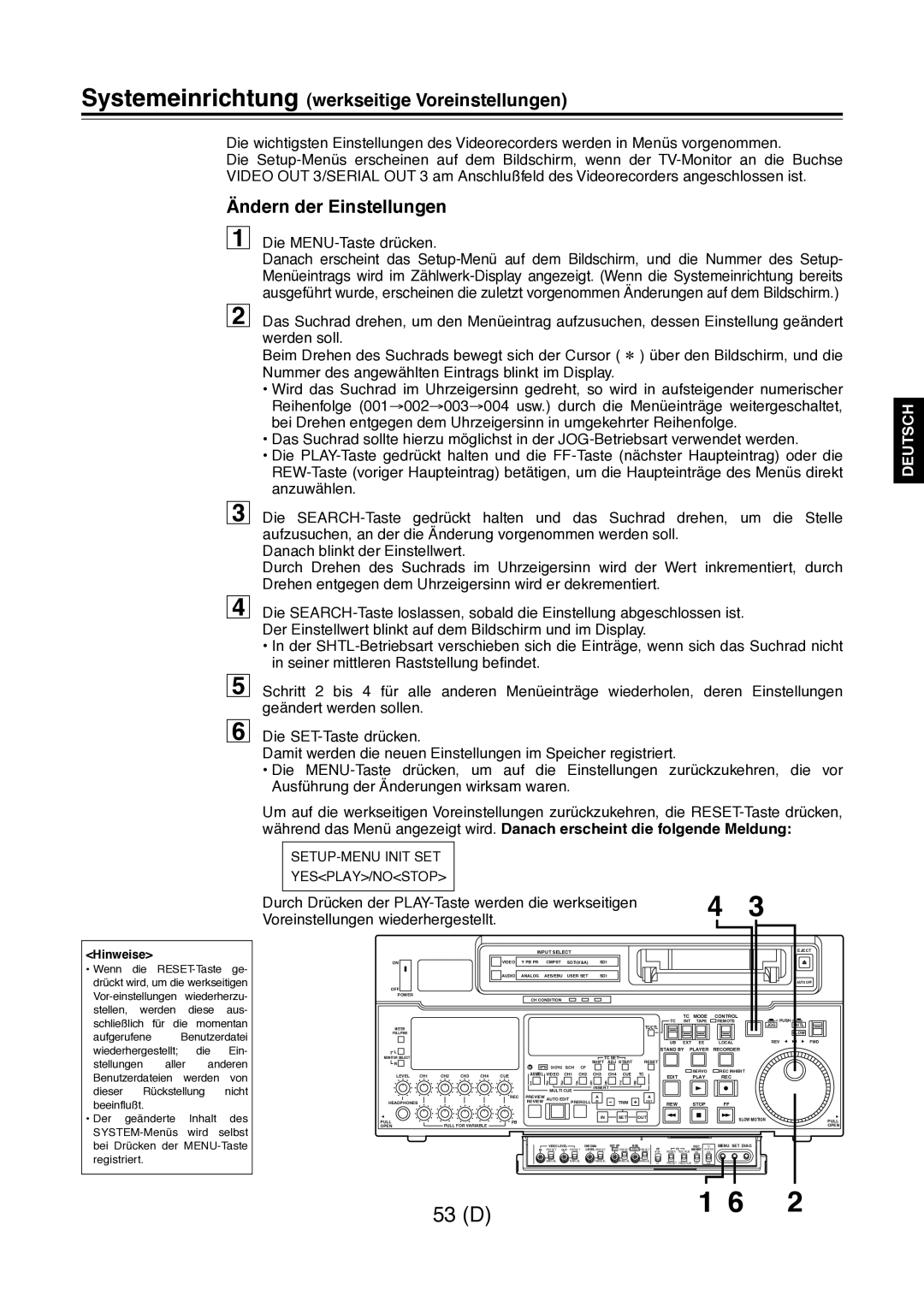 Panasonic AJ-D960 operating instructions Systemeinrichtung werkseitige Voreinstellungen, Ändern der Einstellungen 