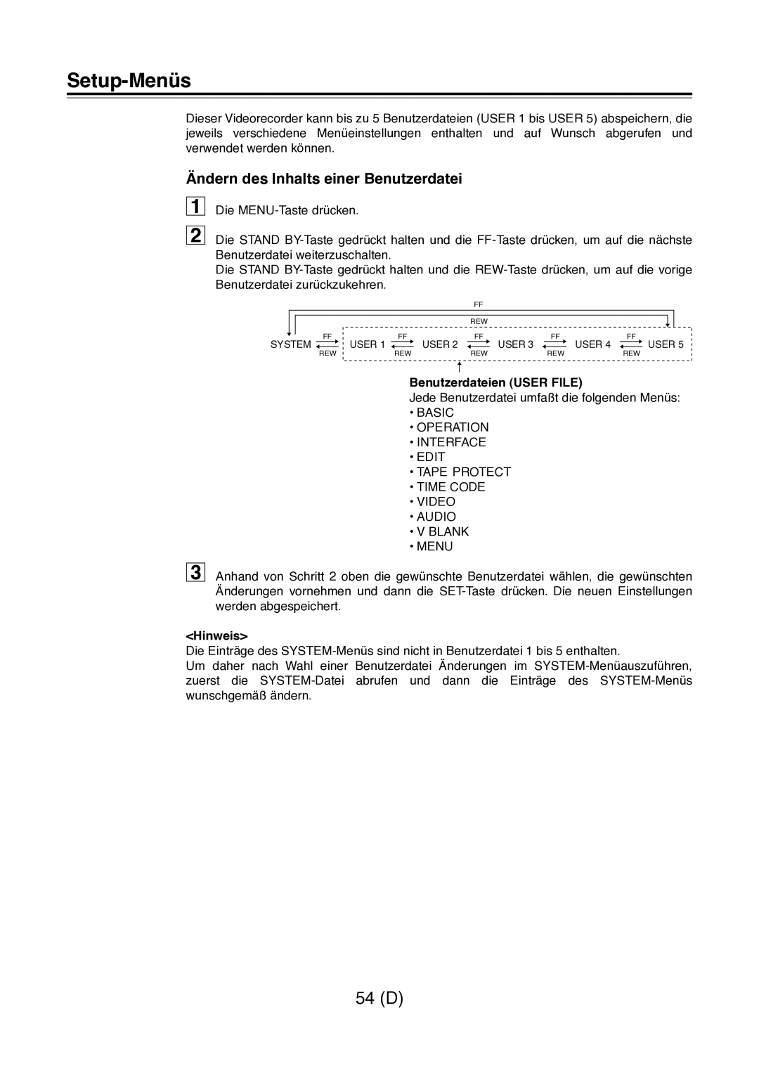 Panasonic AJ-D960 operating instructions Setup-Menüs, Ändern des Inhalts einer Benutzerdatei, Benutzerdateien User File 