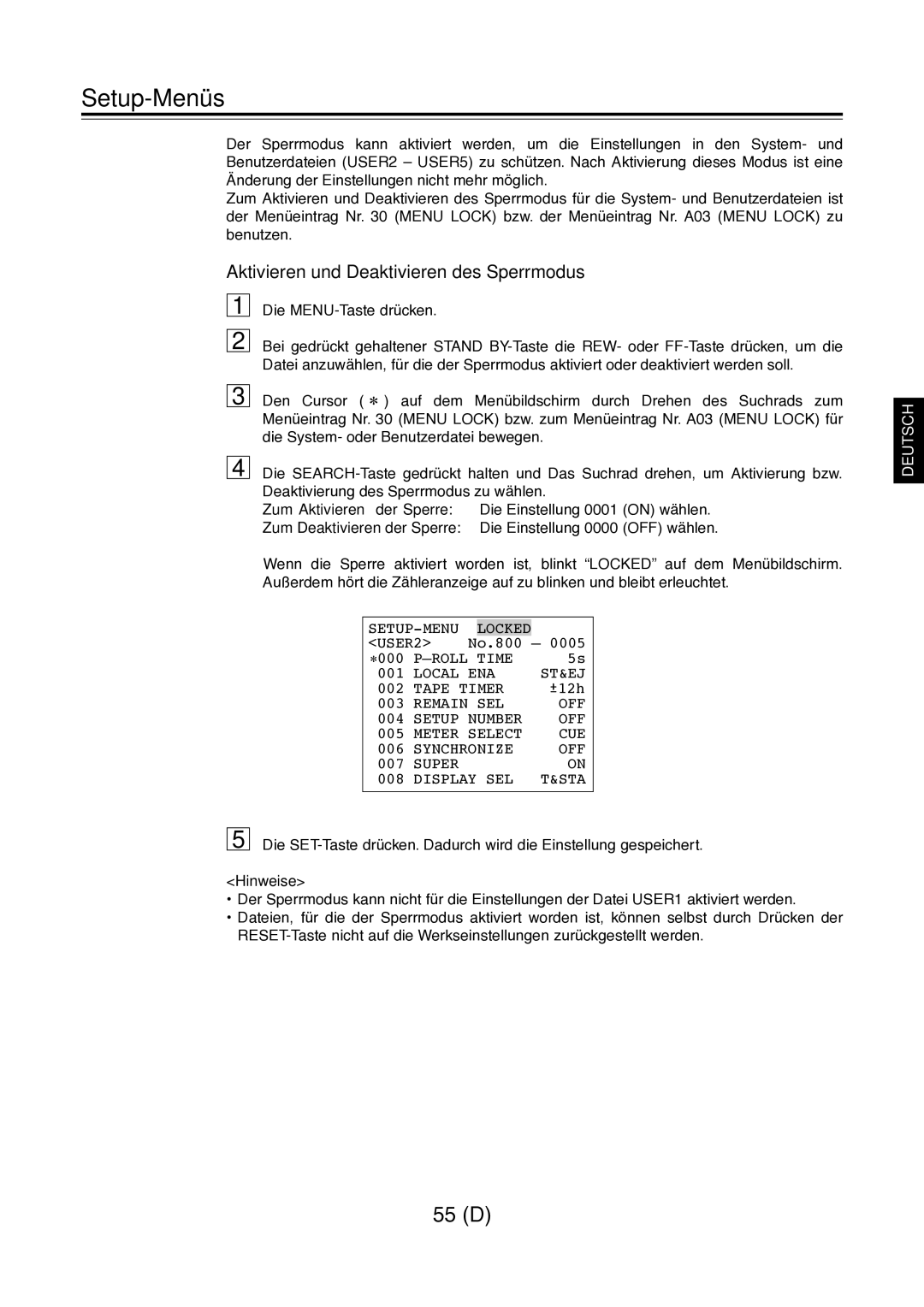 Panasonic AJ-D960 operating instructions Aktivieren und Deaktivieren des Sperrmodus, Zum Aktivieren der Sperre 