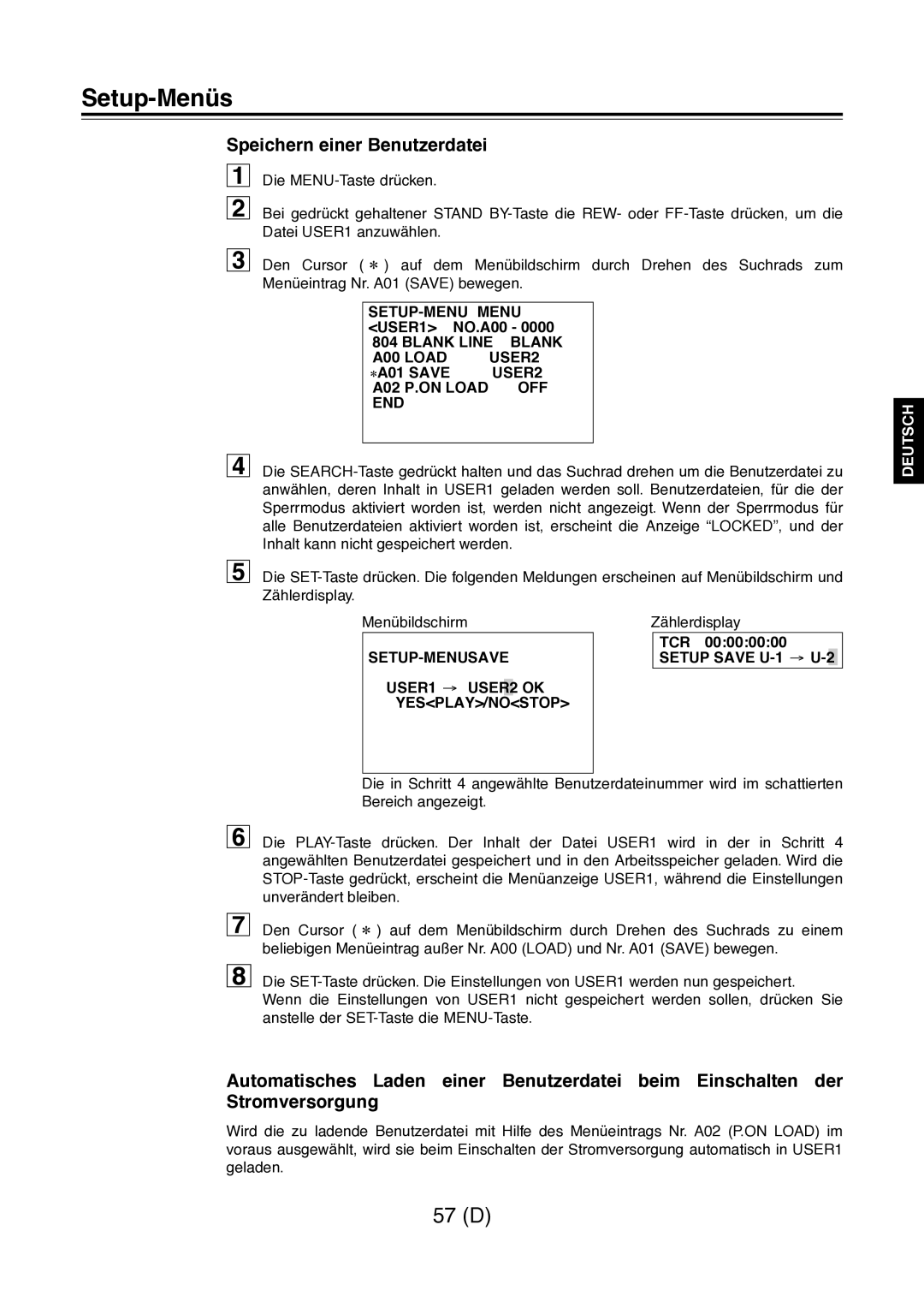 Panasonic AJ-D960 operating instructions Speichern einer Benutzerdatei 