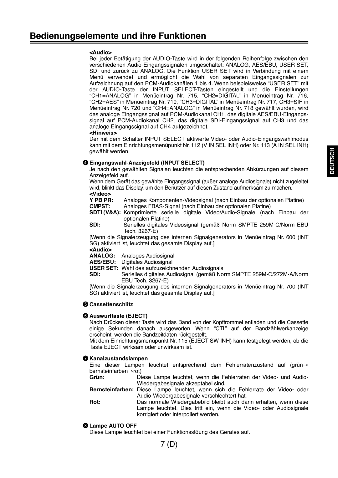 Panasonic AJ-D960 Audio, Eingangswahl-Anzeigefeld Input Select, Cassettenschlitz Auswurftaste Eject, Kanalzustandslampen 