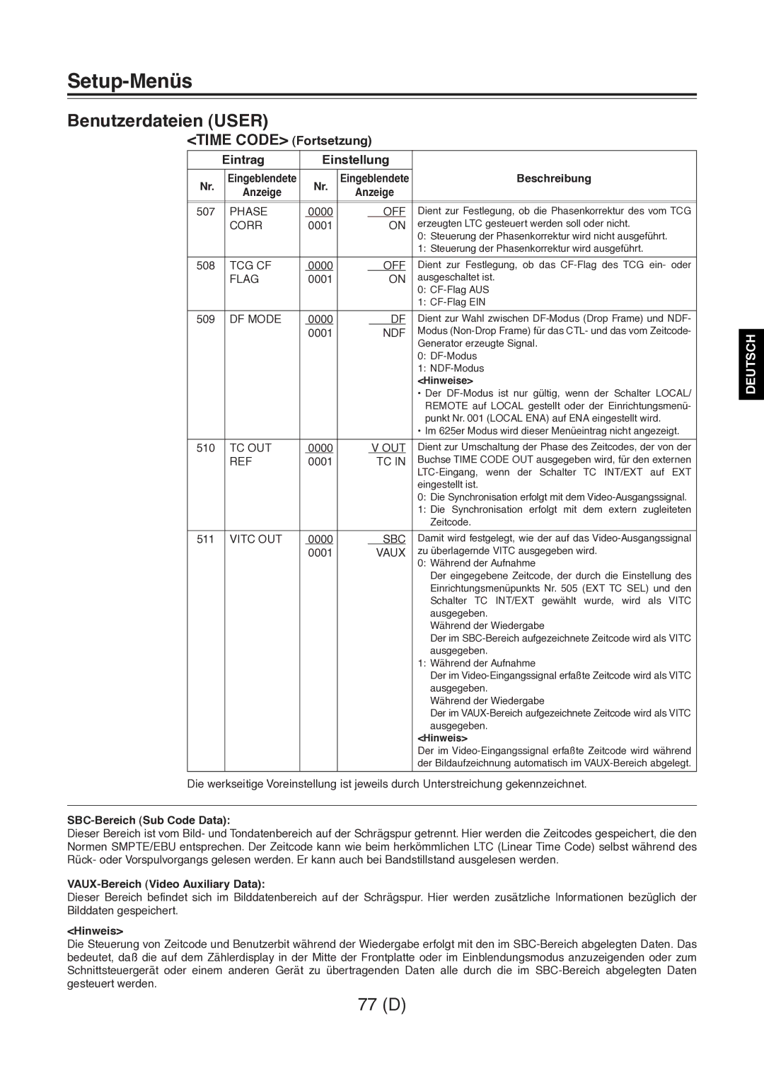 Panasonic AJ-D960 operating instructions Time Code Fortsetzung Eintrag Einstellung 