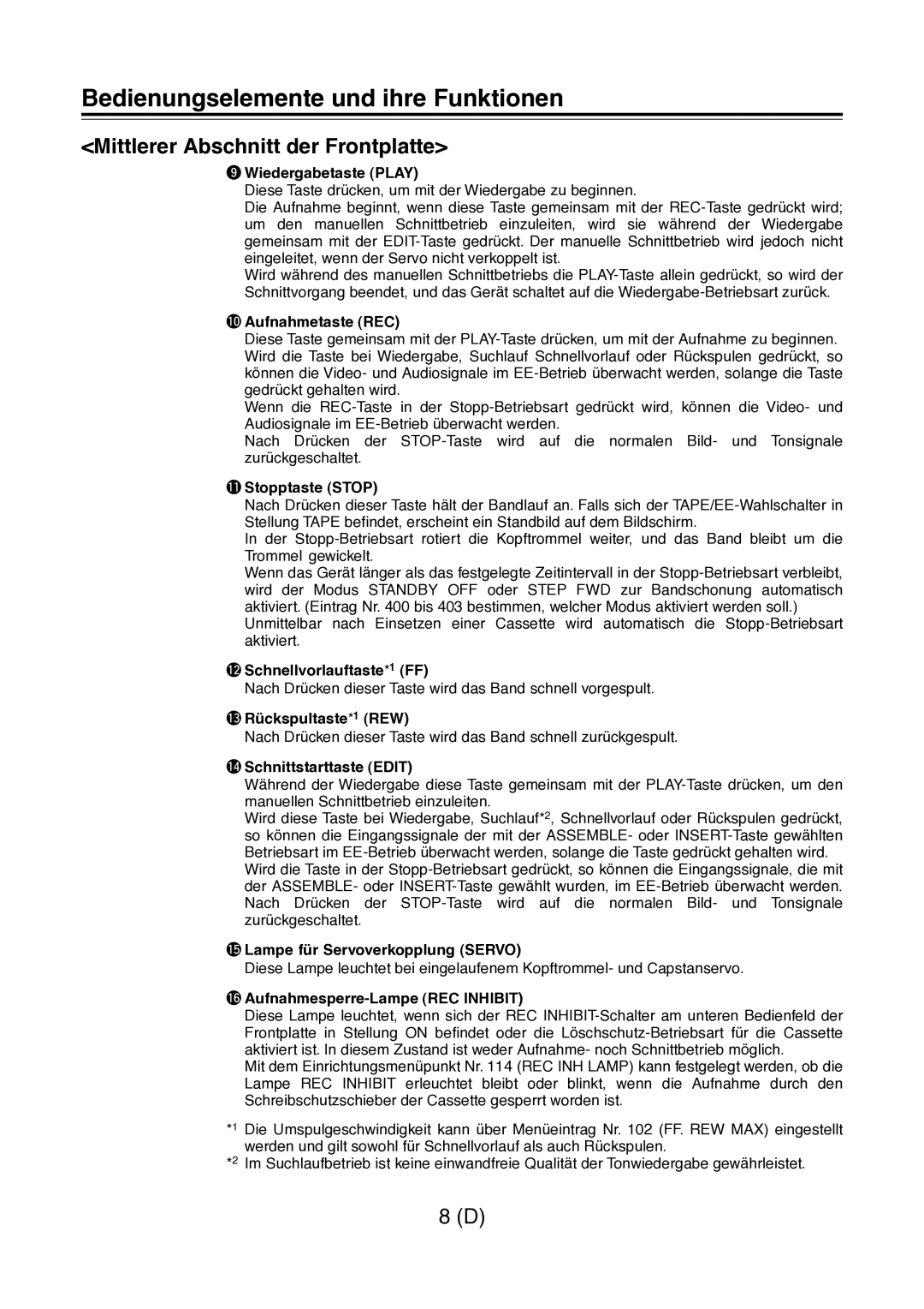 Panasonic AJ-D960 operating instructions Mittlerer Abschnitt der Frontplatte 